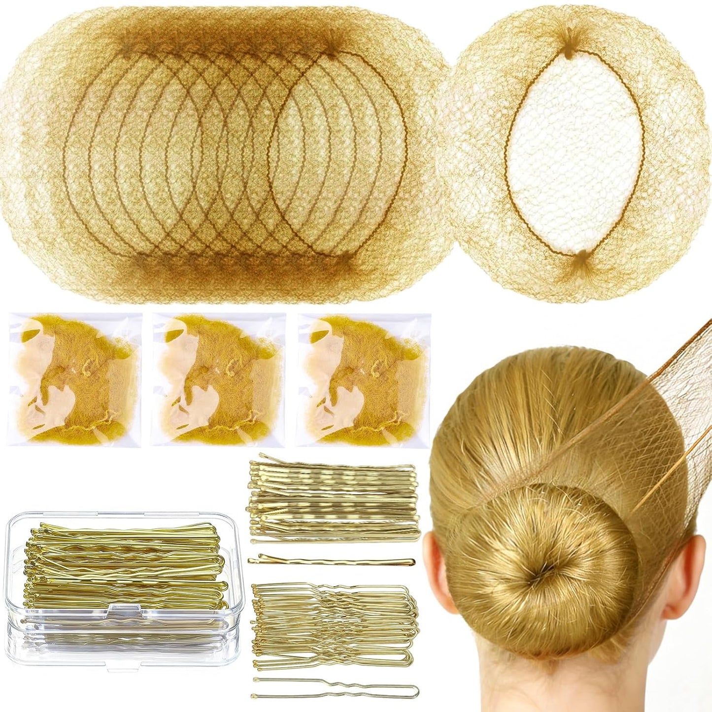 Hair Net Set - 20 Individually Packaged 20-Inch Hair Nets & 40 Hair Pins for Women | Dark Blonde Hair Bun Maker