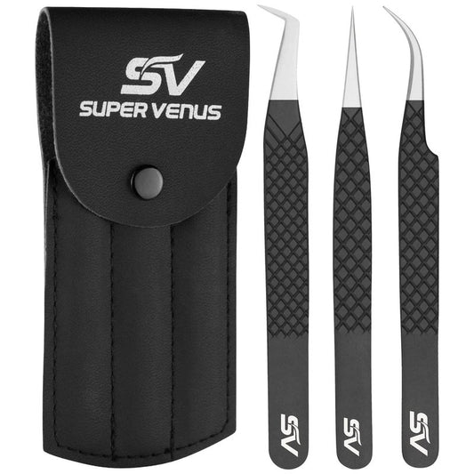 SV Lash Tweezers, Fiber Tip Lash Tweezers For Eyelash Extension With Diamond Grip, Set of 3 - Precise Tips Japanese Steel for Classic, Volume & Mega Volume Lashes, Tweezers for Travel (Black Case)