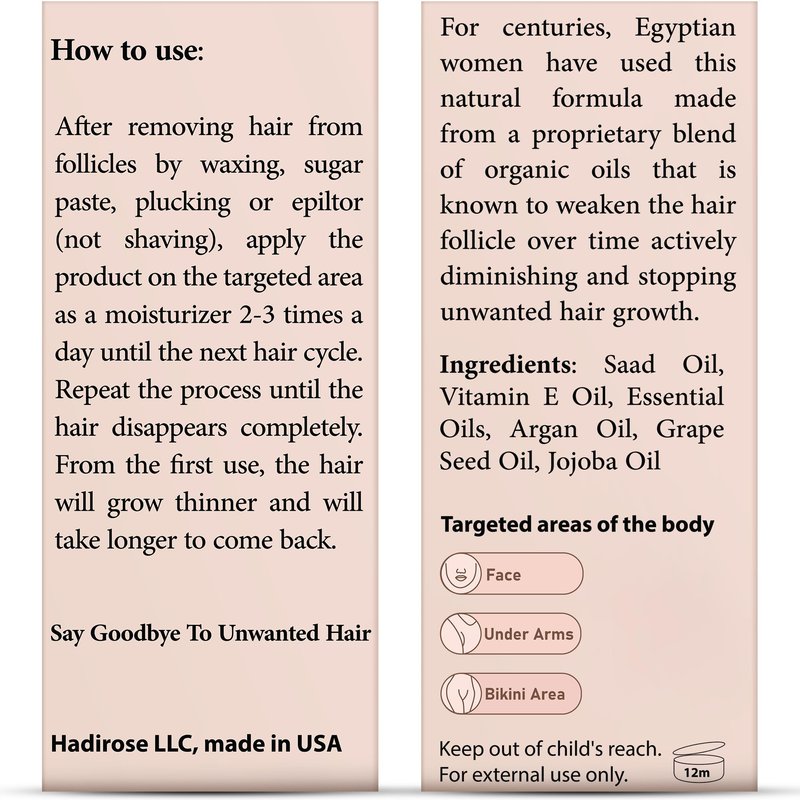 Hadirose Red Egyptian Cyperus Rotundus | Hair Removal Serum | Concentrated Pure Red Saad Oil | Hair Growth Inhibitor | Post-Wax Care | 3 Scents | Made in the USA. (Unscented)