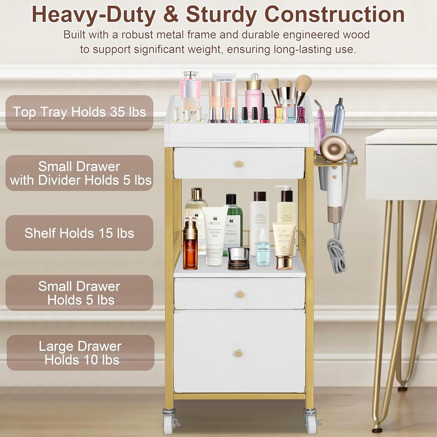 Makeup Organizer Cart - Rolling Vanity Storage with 3 Drawers & Adjustable Dividers | Gold & White
