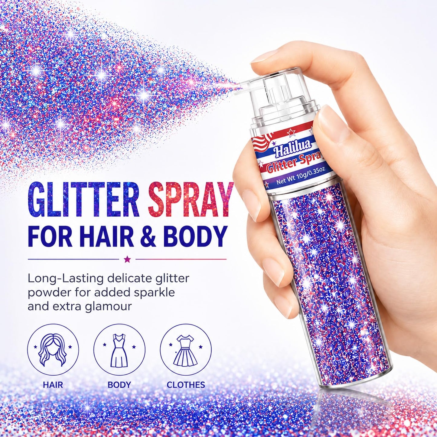 Patriotic Hair and Body Glitter Spray, 4th of July Decorations Accessories for 250 Anniversary Independence Day, Fourth of July Outfits for Women Kids, Red White and Blue Glitter Sparkle Powder
