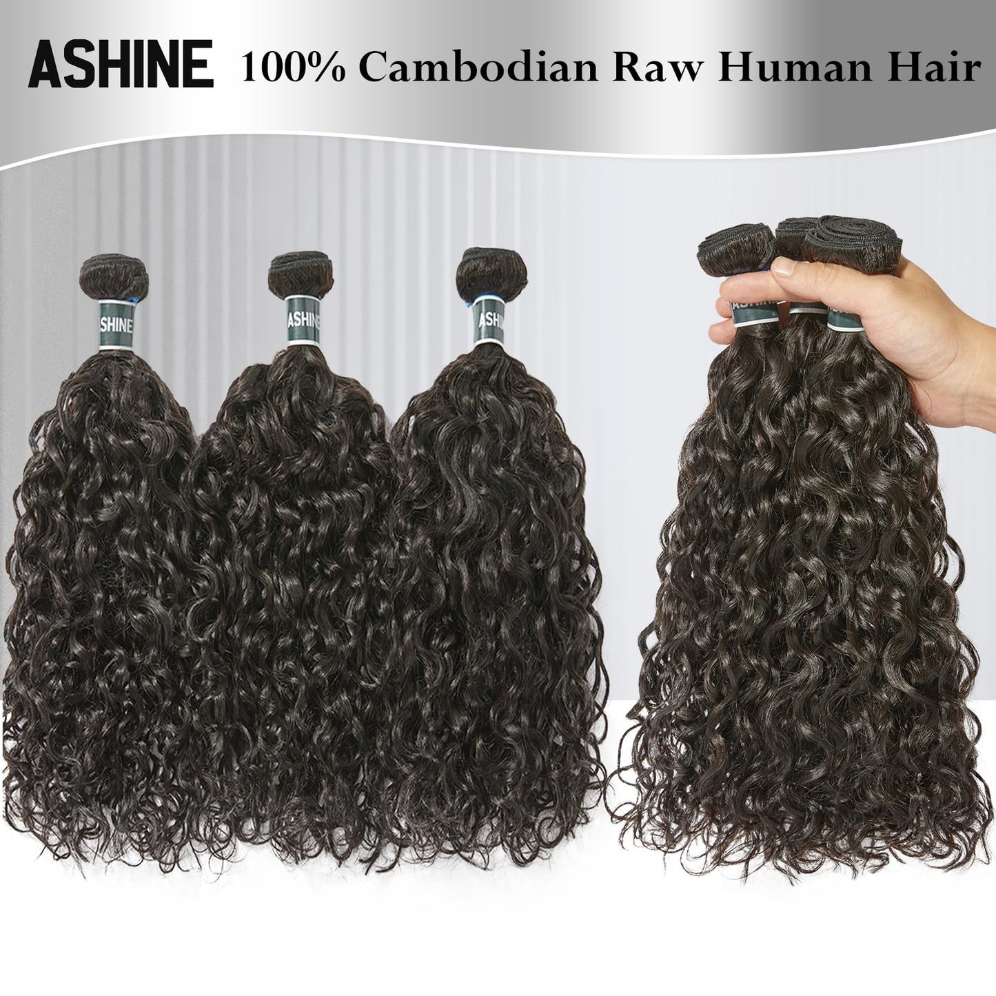 ASHINE Human Hair Bundles Deep Curly Water Wave, Unprocessed Cambodian Raw Hair 20 22 24 Inch, Flip Over Quick Weave Wet and Wave Bundles for Women Natural Black