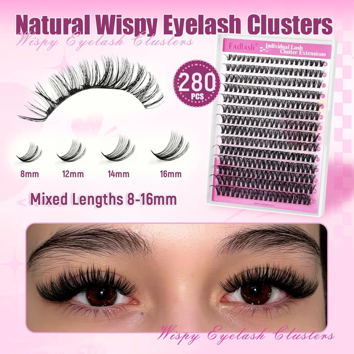 DIY Lash Clusters - D Curl Individual Eyelash Extensions 280PCS | Soft Band Wispy Volume, 8-16mm