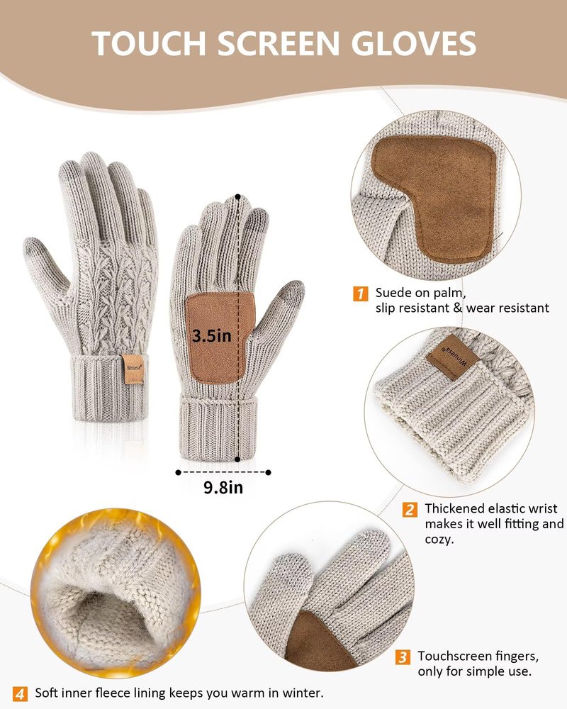 Womens Beanie Hat Scarf Gloves Set, Soft Fleece Lined Winter Hat with Pom Pom, Long Knit Scarf Neck Warmer Touchscreen Gloves for Cold Weather, 3 in 1 Warm Set(Oatmeal)