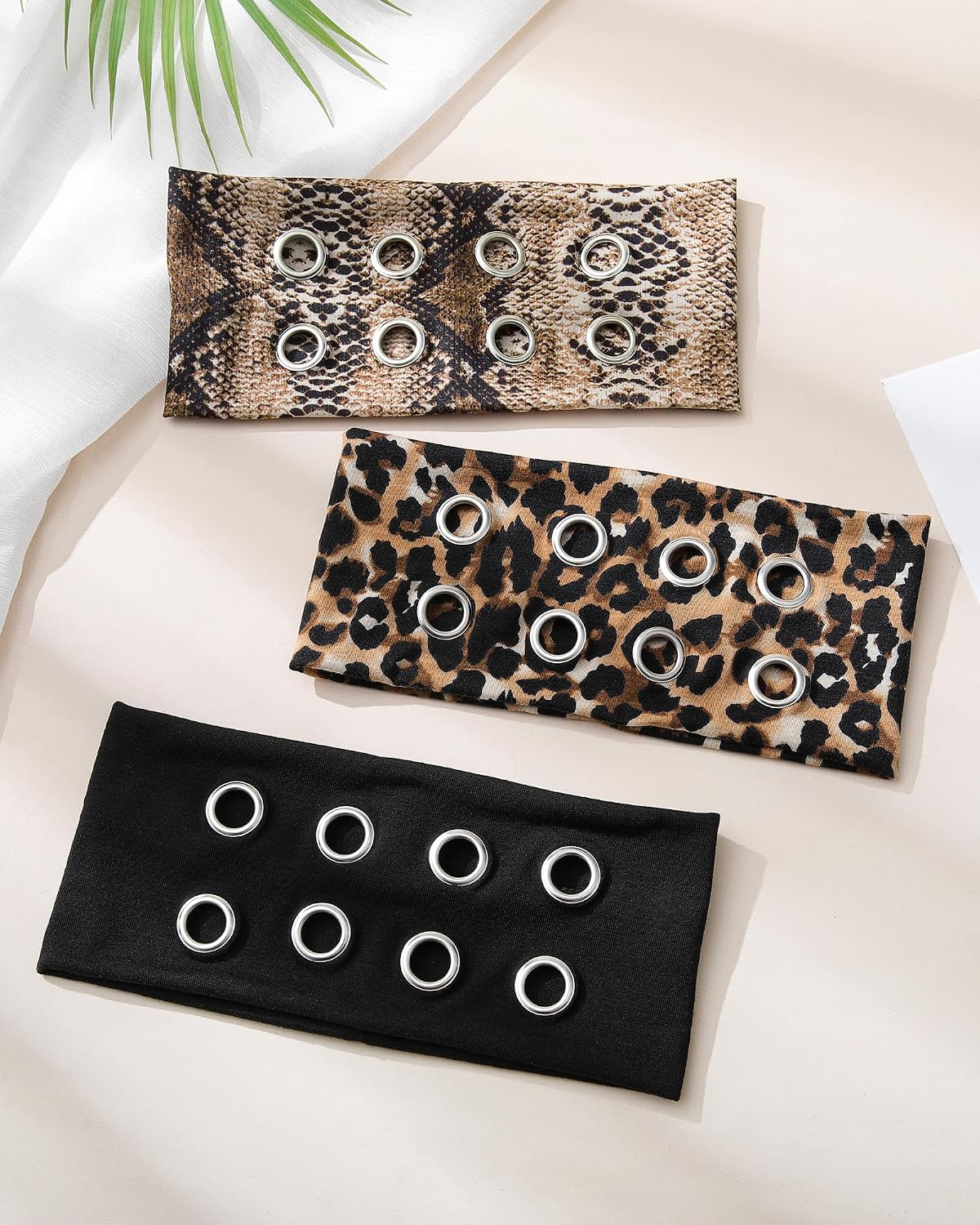 Fashion Grommet Wide Headbands for Women - 3 Pack Hollow Out Elastic Hair Accessories | Black, Snakeskin, Leopard, 3.9" Wide