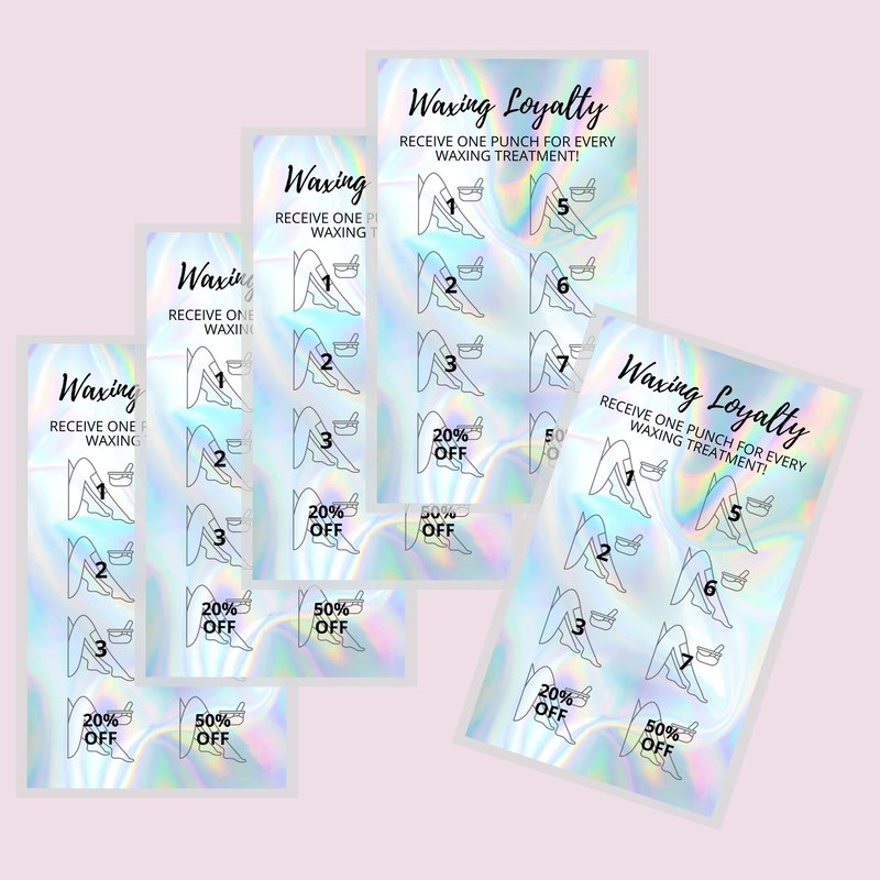 Waxing Loyalty Cards | 50 Pack | Size 2 x 3.5” inches Business Card Size | Wax Skin Business Estheticians | Non-Reflective Matte Holographic Look Design