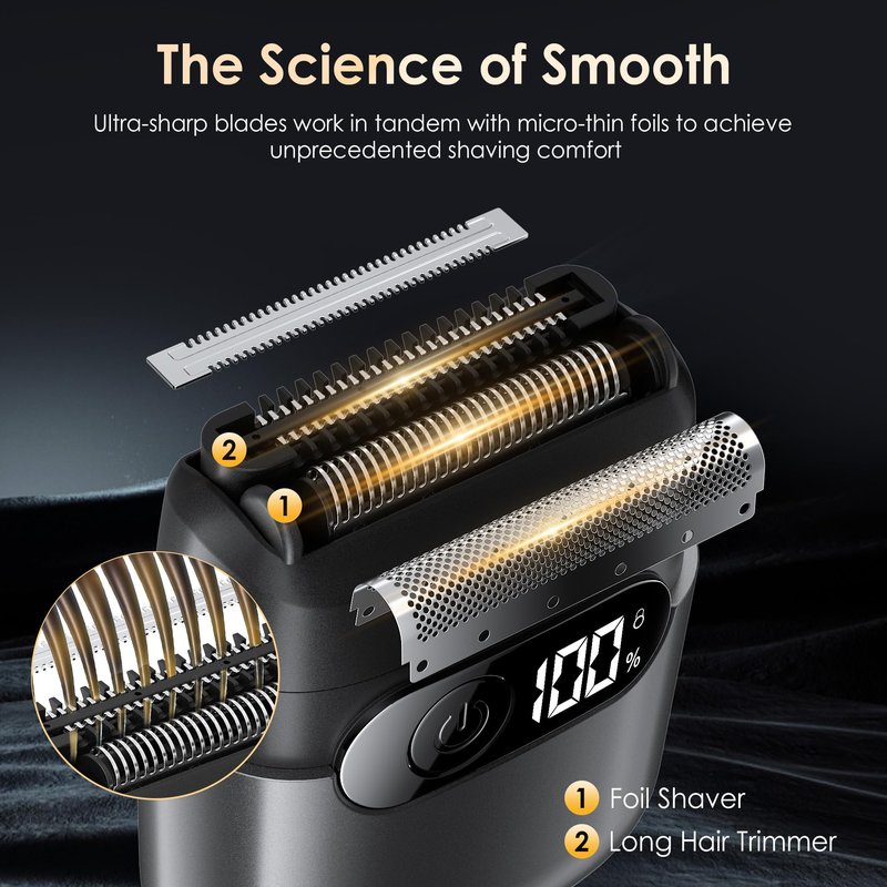 Electric Razor for Men, Foil Shaver and Beard Trimmer for Dry and Wet,Battery LED Display USB-C Fast Charge, IPX7 Waterproof Portable Travel Shaver