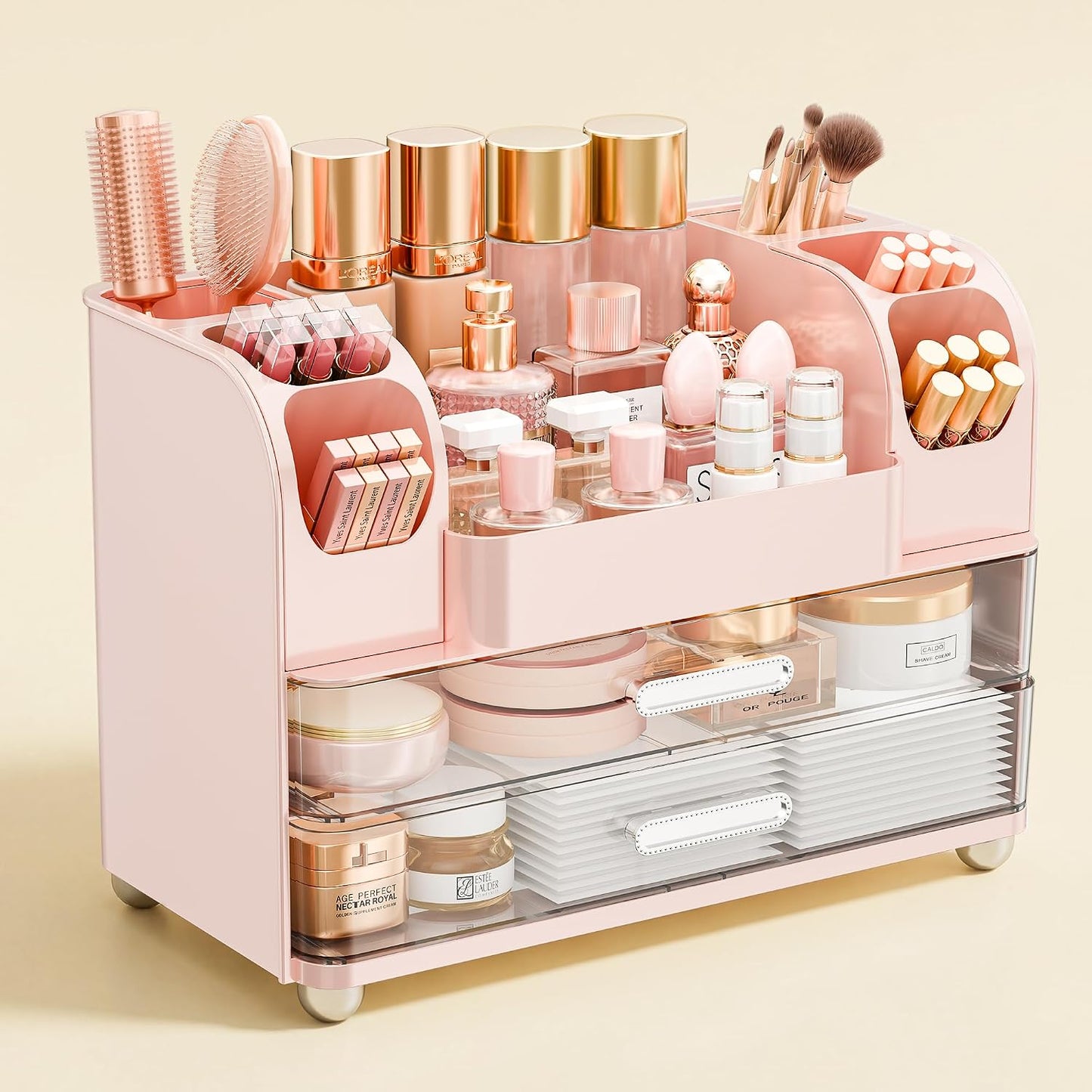 Makeup Organizer - Large Vanity Storage with Drawers | Skincare, Brush Holder & Perfume Display (White)