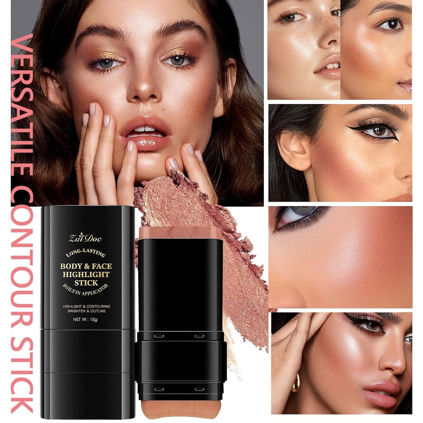 Golden Shimmer 2-in-1 Body Stick - Cream Bronze Highlighter with Blending Brush | Long-Lasting Glow, 0.51oz