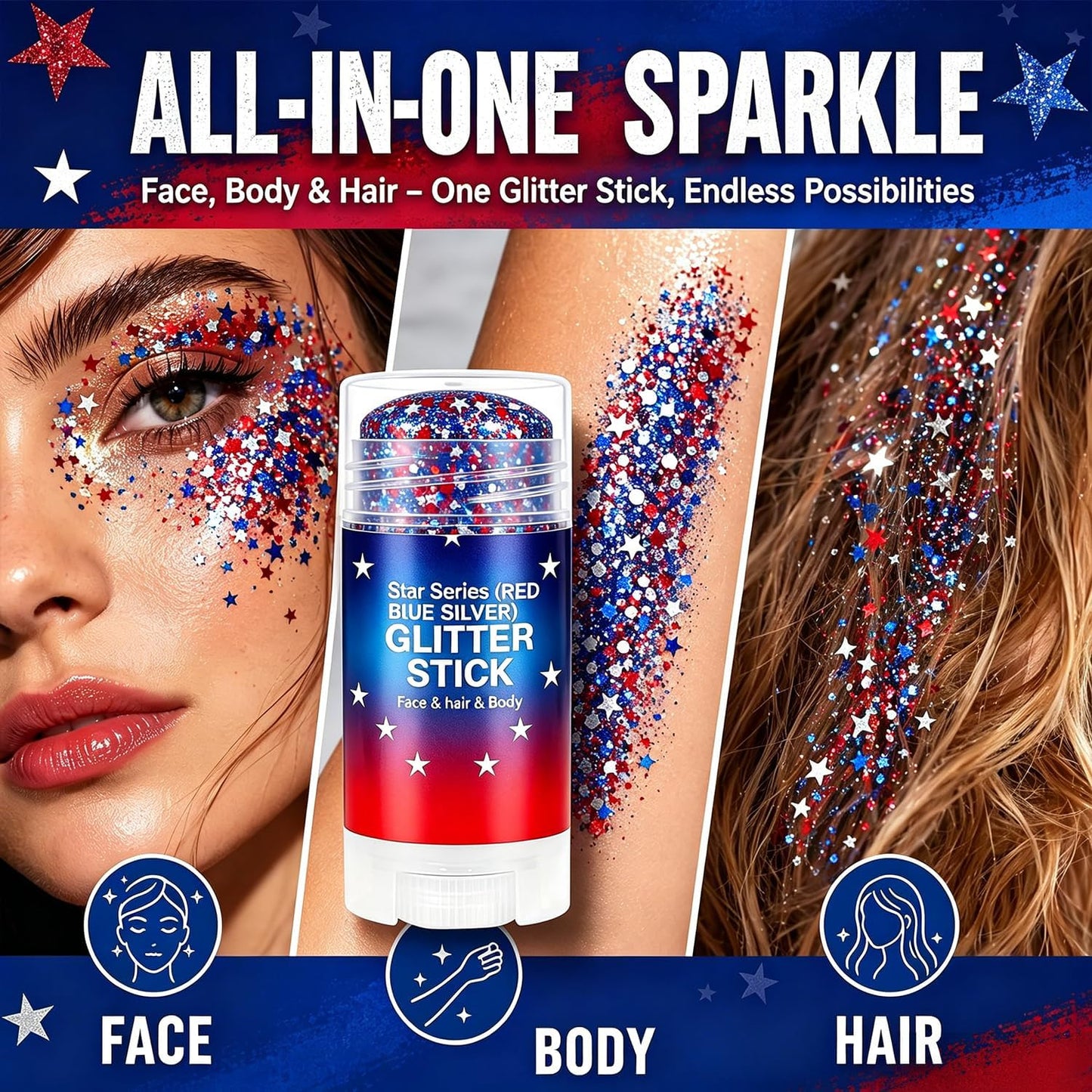 4th of July Glitter Stick - Red, White & Blue Face Glitter for Rave & Patriotic Makeup | Independence Day Decorations