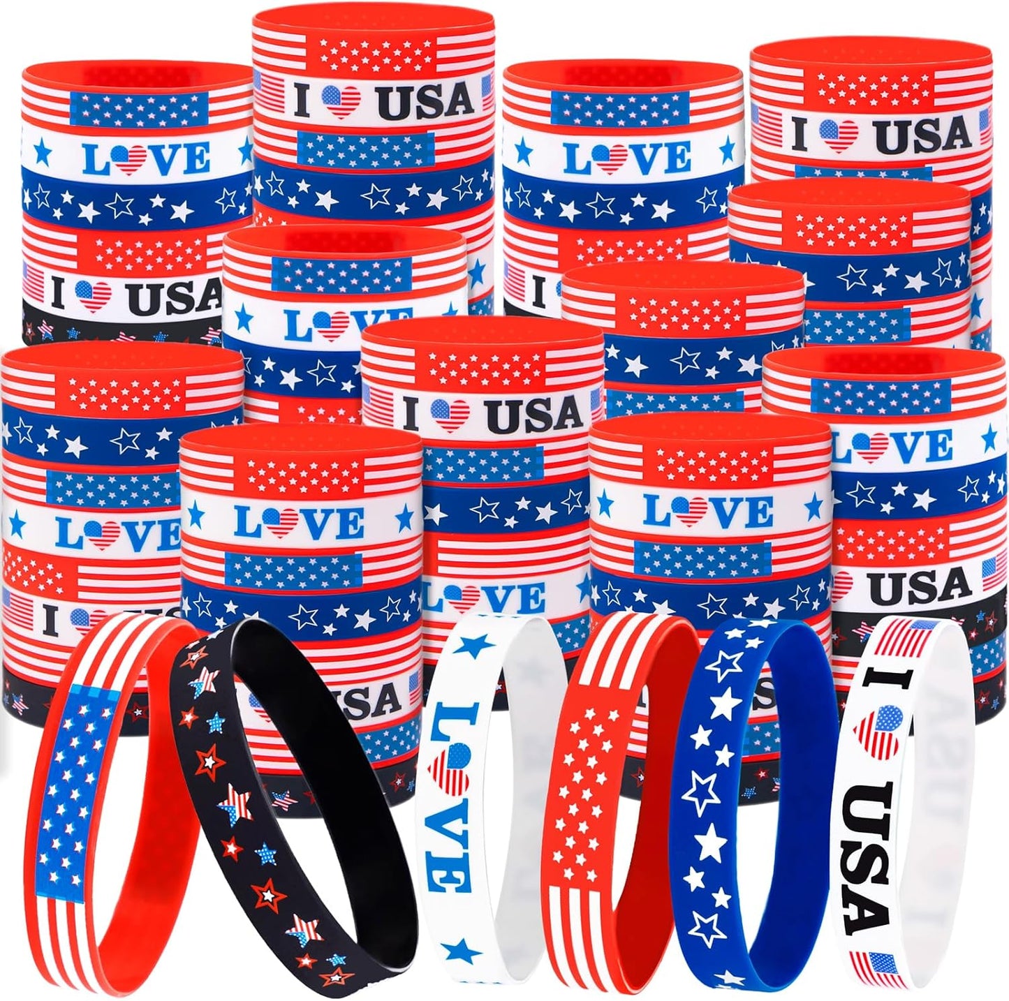 Patriotic Silicone Rubber Bracelets - 144PCS USA Flag Wristbands for 4th of July Party Favors | Memorial Day Decorations
