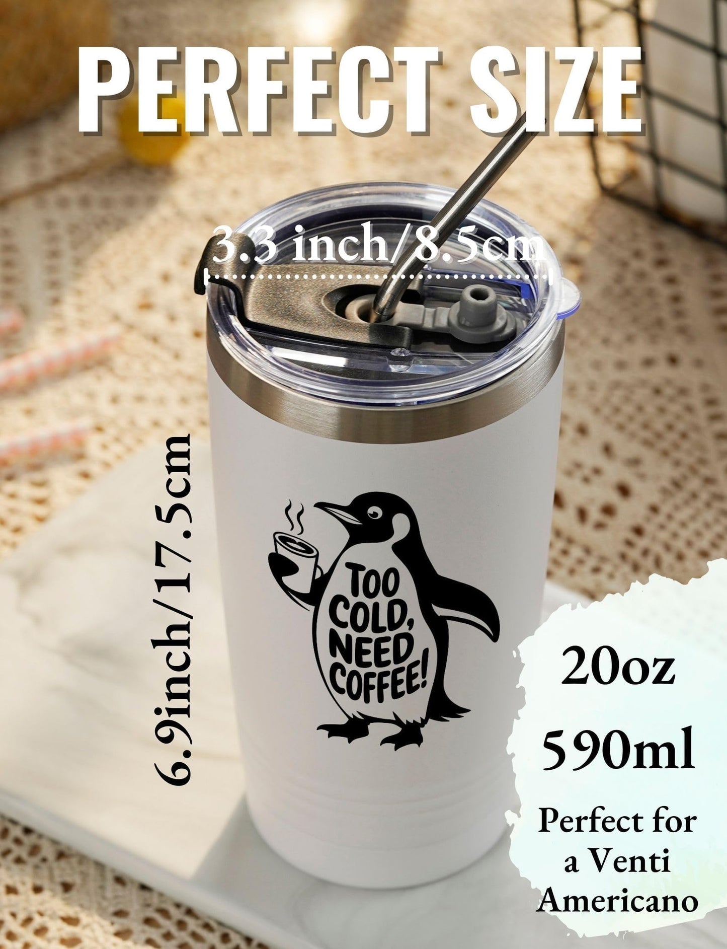 Onebttl Penguin Gifts for Men Women on Christmas, Birthday, 20oz Cute Insulated Stainless Steel Tumbler for Adults with Lid and Straw - Coffee