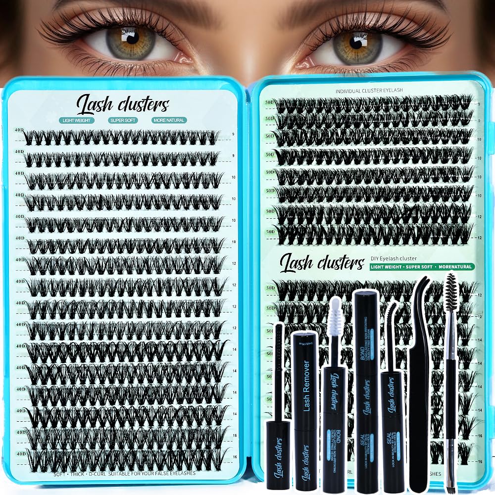 Lash Clusters Kit - 640pcs Wispy 30D/40D D Curl Individual Extensions | Natural 9-16mm with Bond, Seal & Tweezers