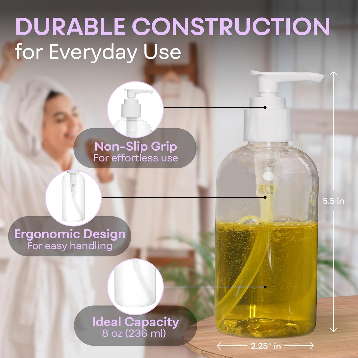 Plastic Pump Dispenser Bottles - 8 OZ BPA-Free Refillable Containers for Body Wash, Moisturizer, Face Cream | Clear/White - 2 Pack