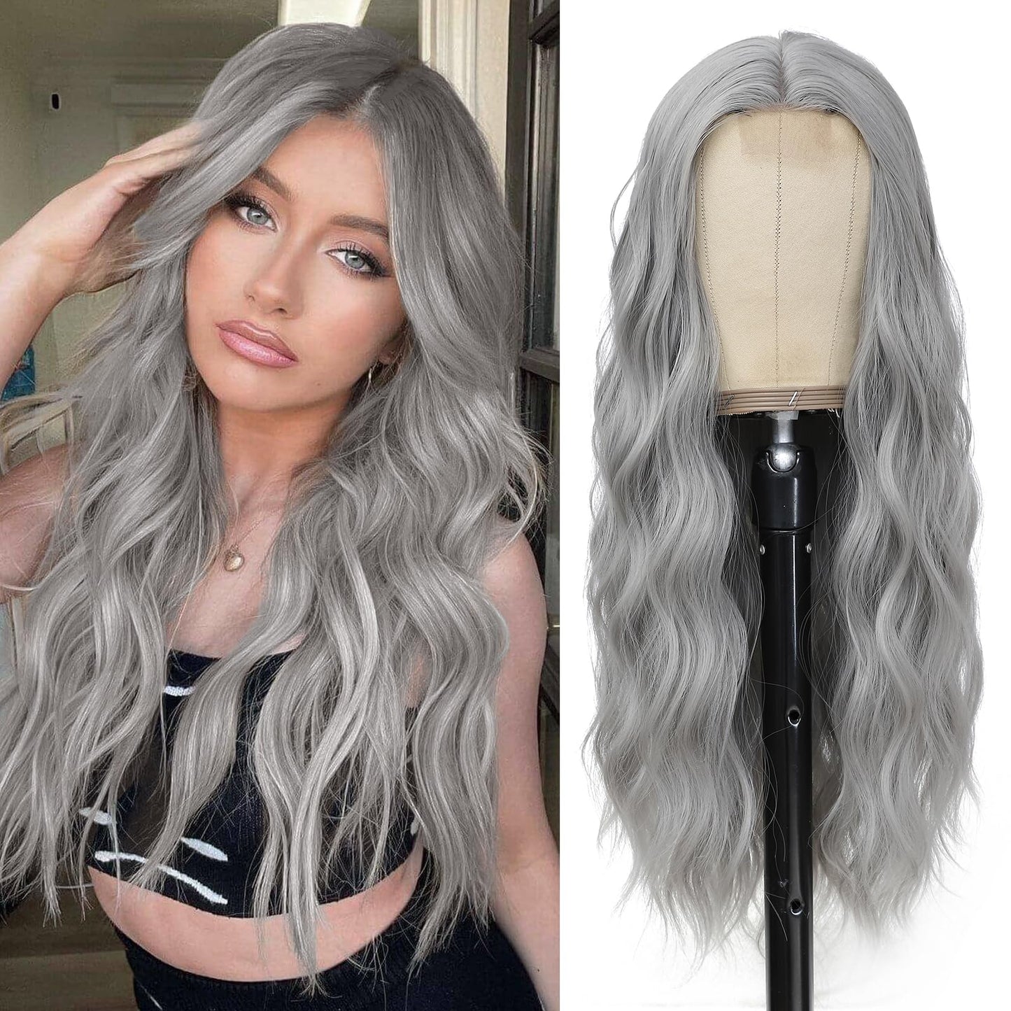 YBYMCAI Grey Wig - Long Silver Wavy Wigs for Women Middle Part Gray 26 inch Natural Curly Synthetic Wig Heat Resistant Fiber Wigs for Daily Party Use