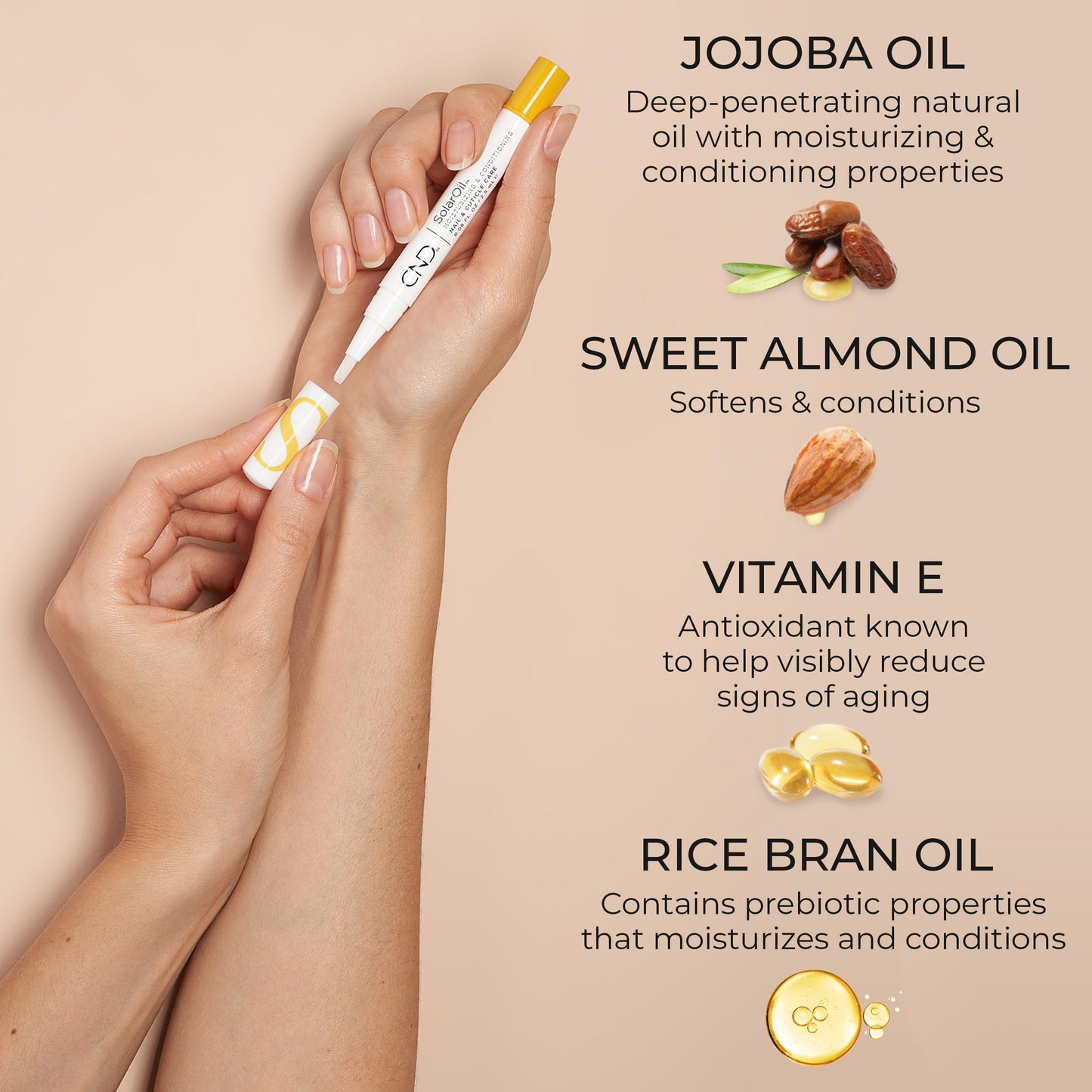 CND SolarOil Cuticle Oil, Natural Blend Of Jojoba, Vitamin E, Rice Bran and Sweet Almond Oils, Moisturizes and Conditions Skin, 0.08 oz