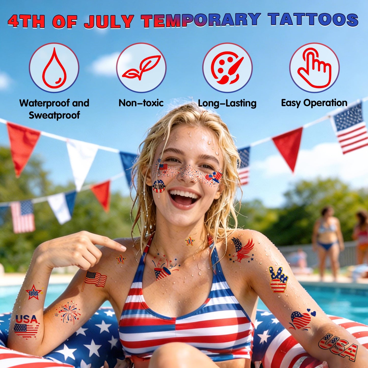 Itscolofy 4th of July Glitter Freckle Tattoos, Patriotic Temporary Tattoos Stickers, 4th of July Accessories for Women, Red White and Blue USA Flag Star Freckles for Independence Day 250th Party 36PCS