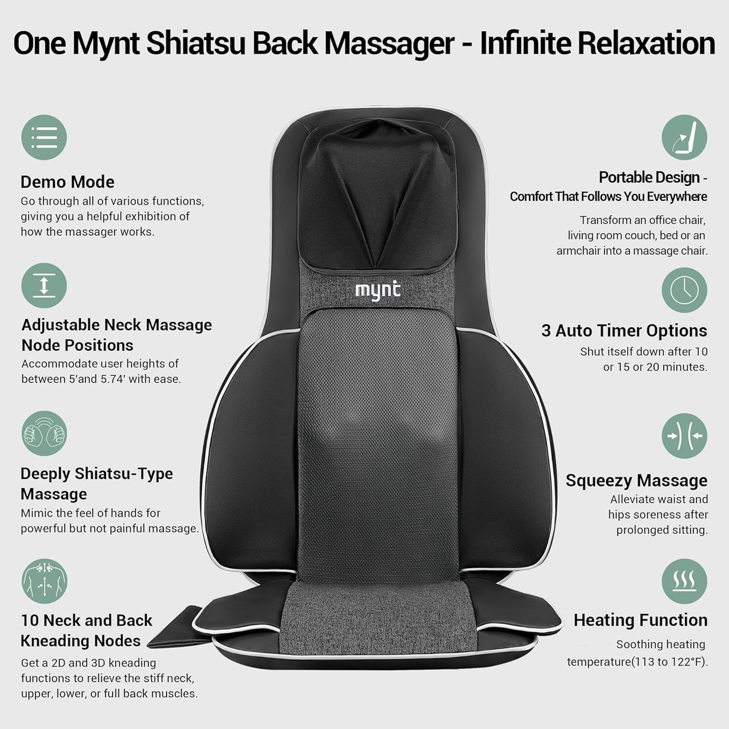 Shiatsu Neck and Back Massager - FSA Eligible HSA Approved, 10 Deep Kneading Nodes, 2D & 3D Adjustable with Heat | Portable Massage Chair Pad