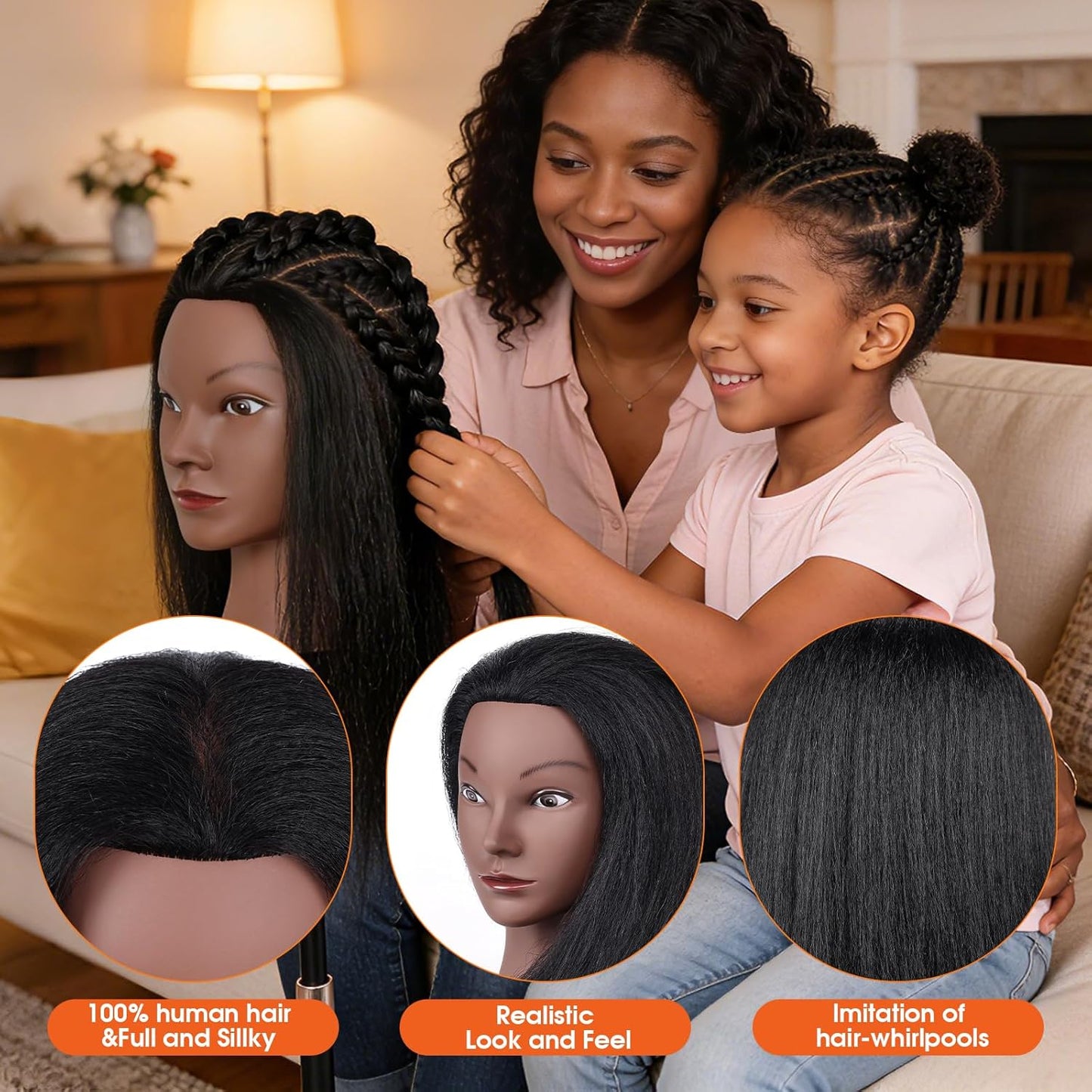 Mannequin Head - 100% Human Hair Cosmetology Training Doll for Hair Styling | 16-Inch with Clamp Holder (Black)