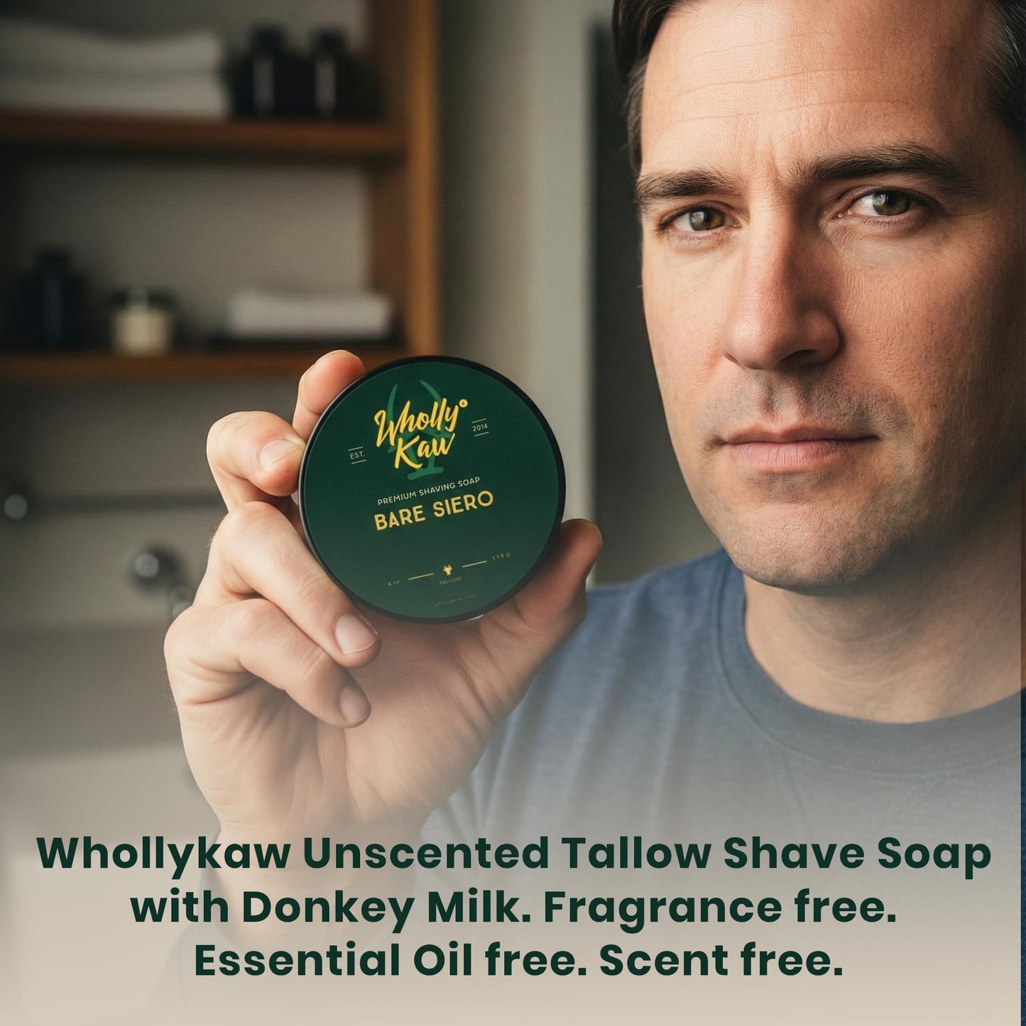 WhollyKaw Unscented Suitable for Sensitive Skin Bare Siero Tallow Shaving Soap Enriched with Donkey Milk, Water Buffalo Milk, Whey Proteins, Omega 3, Hops Extract No Essential Oils No Fragrance.