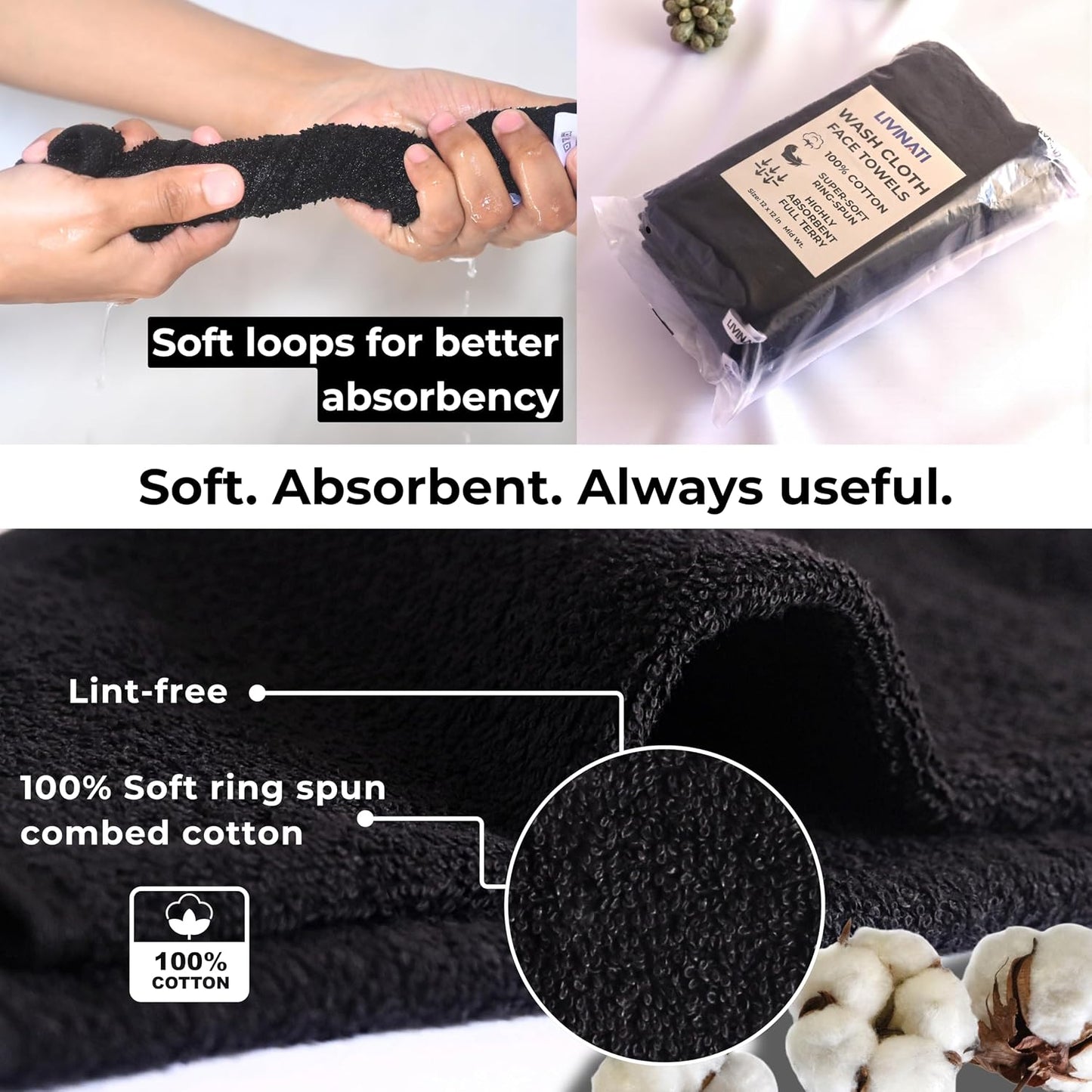 Cotton Wash Cloths - Soft Absorbent 100% Cotton Shower & Face Towels | 12" X 12" | 6 Pack