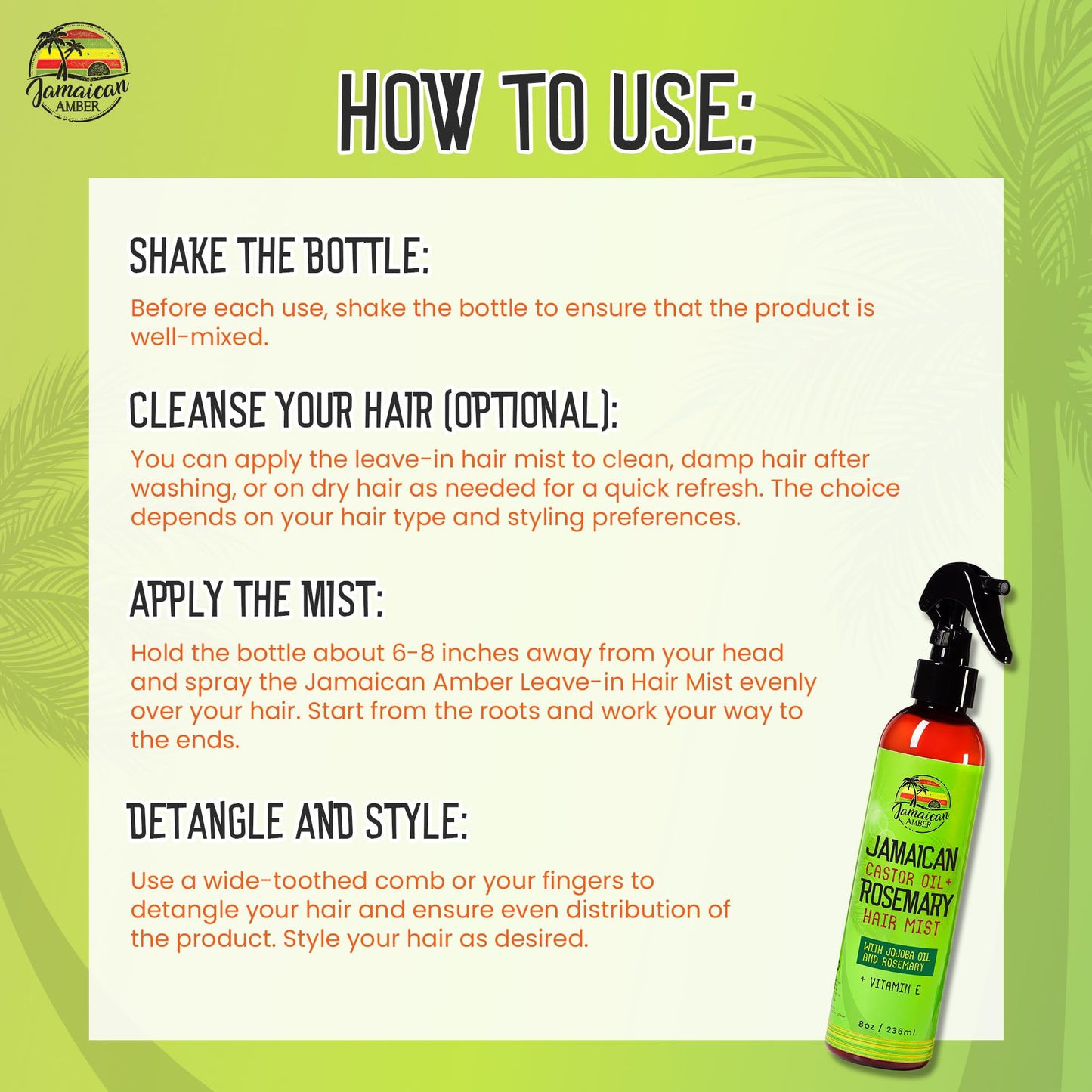 JAMAICAN Ambre Leave in Hair Mist - 8 fl oz / 236 ml - Strengthening Hair Spray, Detangles Knots, Refreshes Scalp, Instant Hydration, Hair Strength - Nourished Hair Scalp with Rosemary & Castor Oil