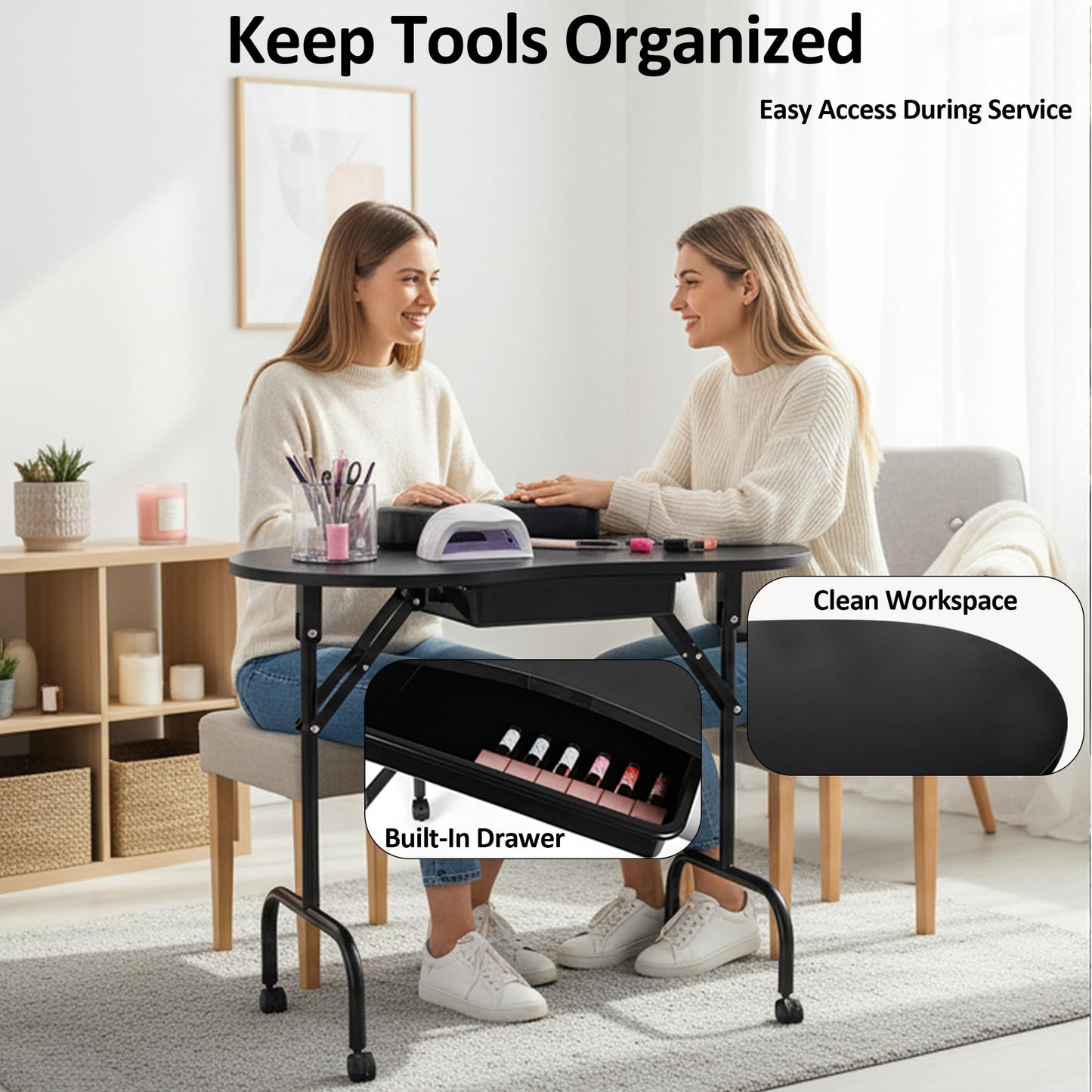 Mohzate Portable Manicure Table Foldable Nail Desk Workstation with Drawer and Wrist Rest Professional Nail Tech Table with Wheels and Carry Bag for Technician Spa Salon and Home Use