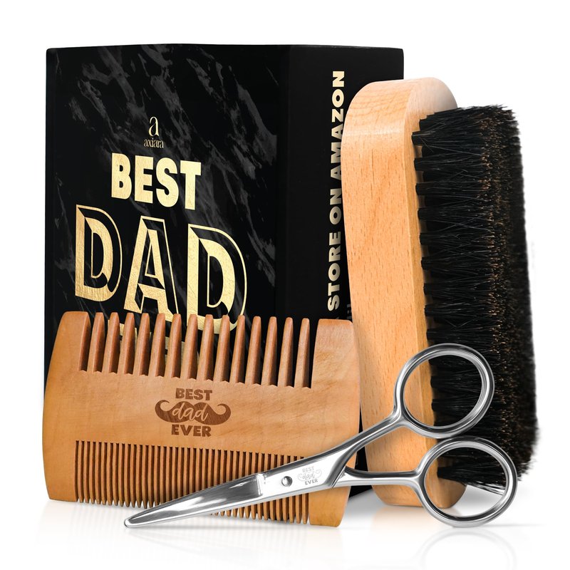 AXIARA Dad Gifts for Fathers Day from Daughter Son - Beard Kit for Men Grooming and Care with Brush, Comb, Scissors & Storage Bag - Best Dad Ever Gifts for Dad Father Stepdad, Beard Growth Kit for Men