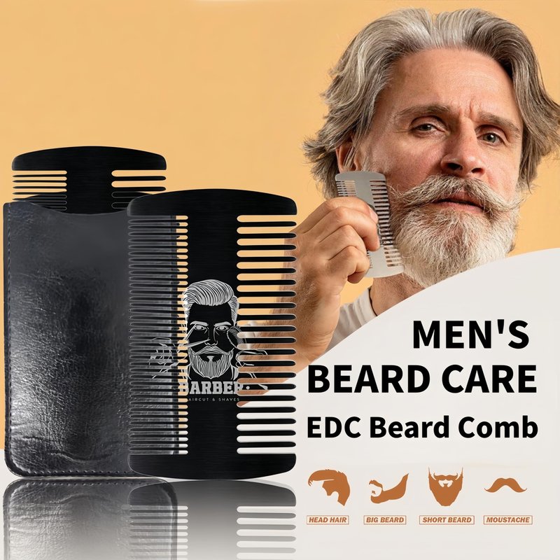 Metal Beard & Mustache Comb for Men - Anti-Static Dual Action - Credit Card Size Stainless Steel EDC Comb, Lice Wallet Pocket, Fine Cutting Teasing Barber Hair Styling - Black