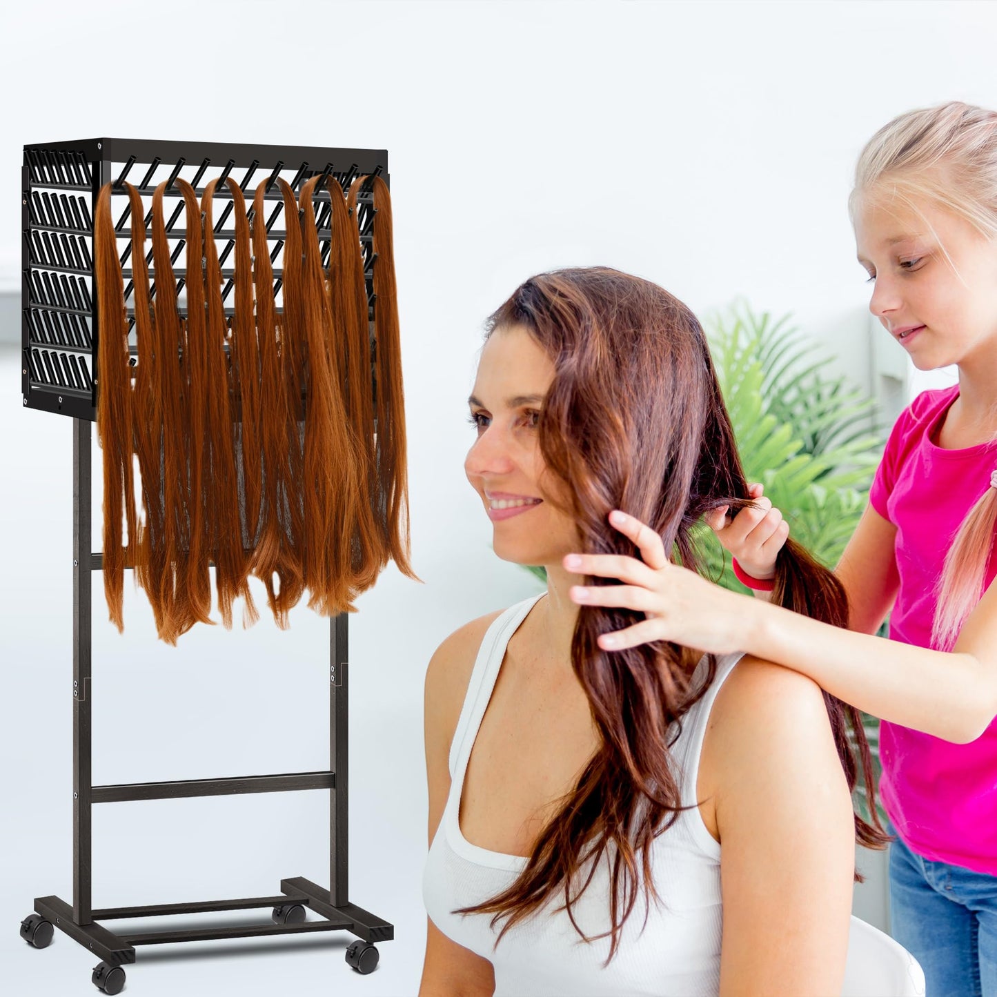 GENMOUS Black Braiding Hair Rack - 150 Pegs, Tri-Sided Braid Rack with 4 Wheels and Large Storage Shelf, for Braiders Standing Home,Hair Separator Stand for Hairstylists
