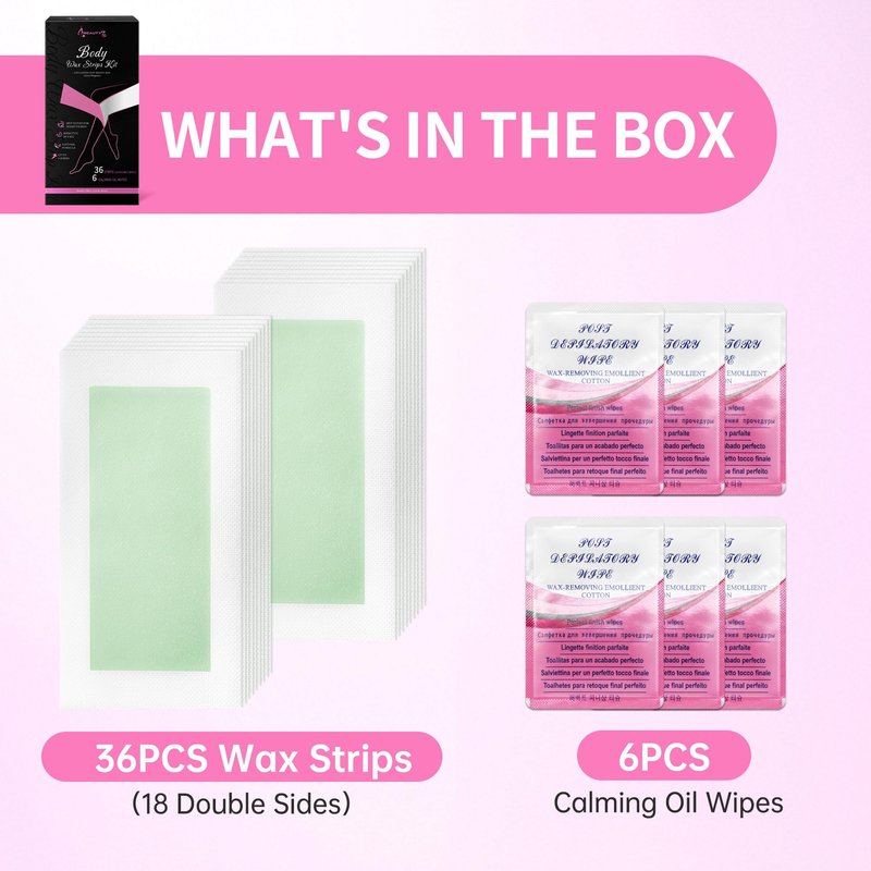 Beauty7 Body Wax Strips, Ready to Use Waxing Strip, Facial Hair Removal, Arms Legs Underarm Bikini Hair Removal, 36 Strips 6 Calming Oil Wipes for All Skin Types Women