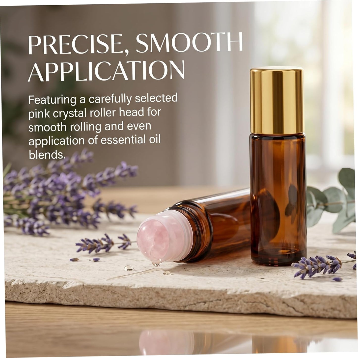 Rose Quartz Roller Bottle - 2PCS Refillable Glass Roll-On for Essential Oils | 50ml Brown Glass with Metal Cap