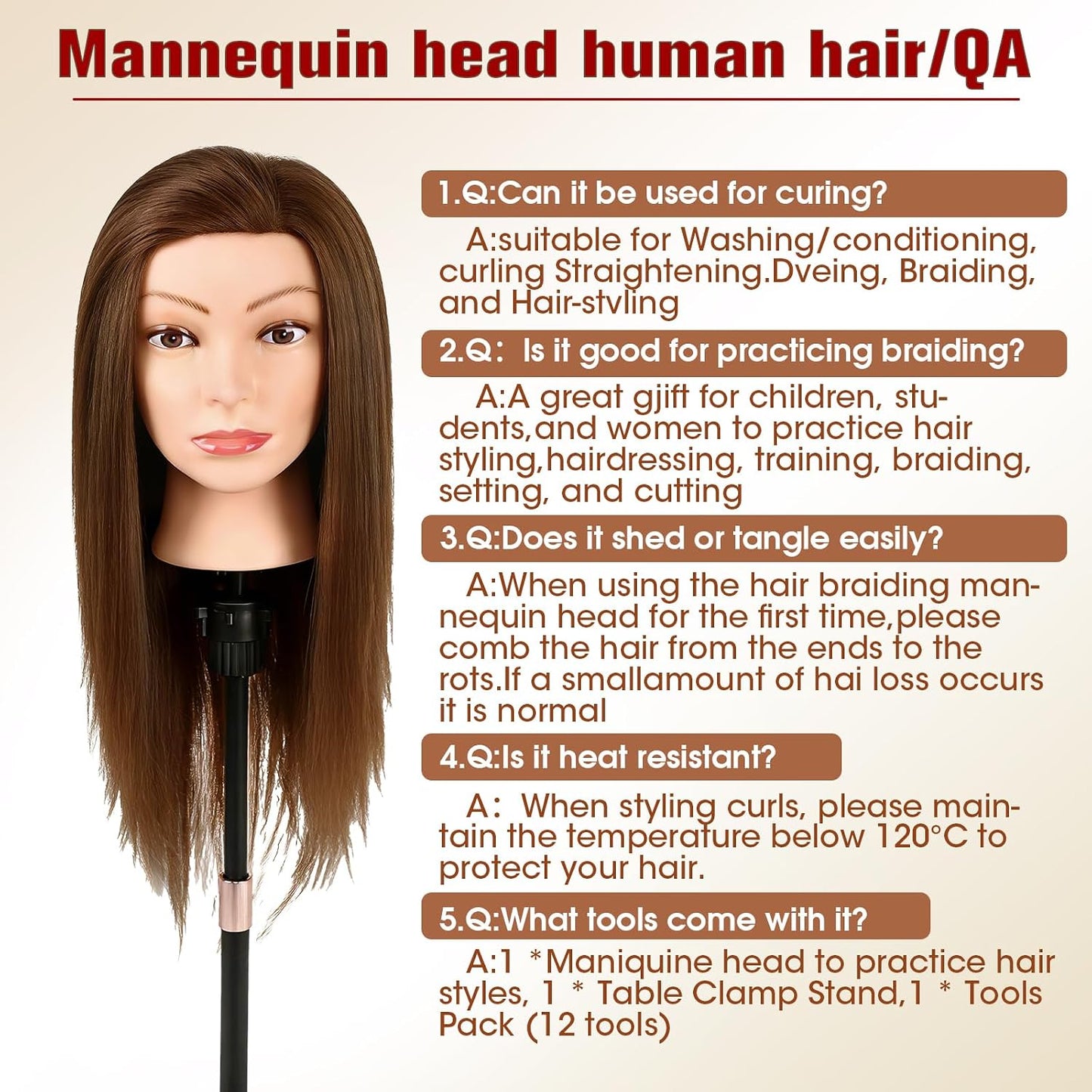 Realistic Human Hair Mannequin Head - 22” Dark Brown Cosmetology Training Doll with Clamp & Styling Tools