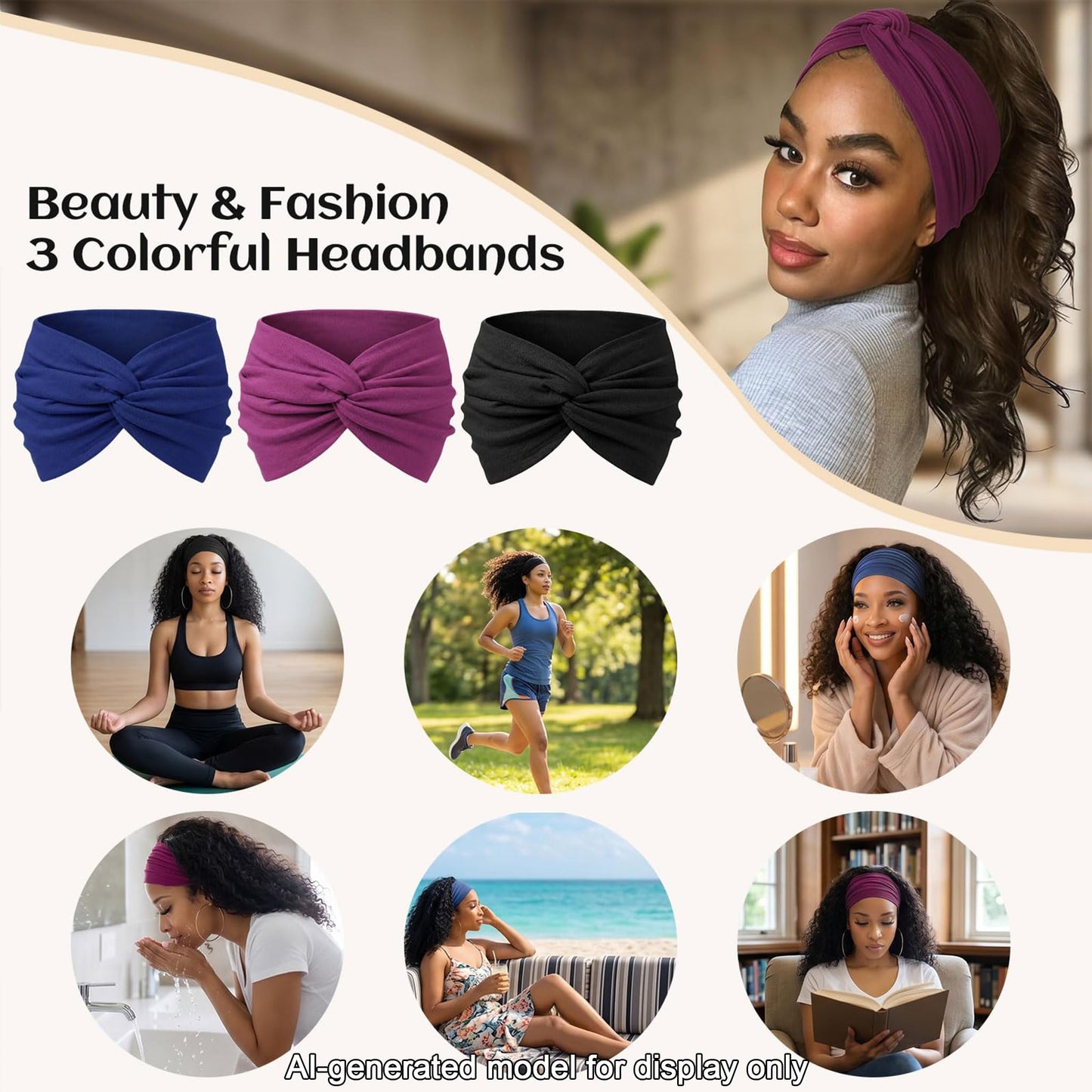 WENNKINN 7-Inch Wide Headbands for Women – 3 Pack Soft Thick Turban Hair Bands, Bandana-Style Head Wraps for Workout Yoga Sleep, Fashion Accessories with 6 Pcs Hair Ties-Blue, Purple Red, Black