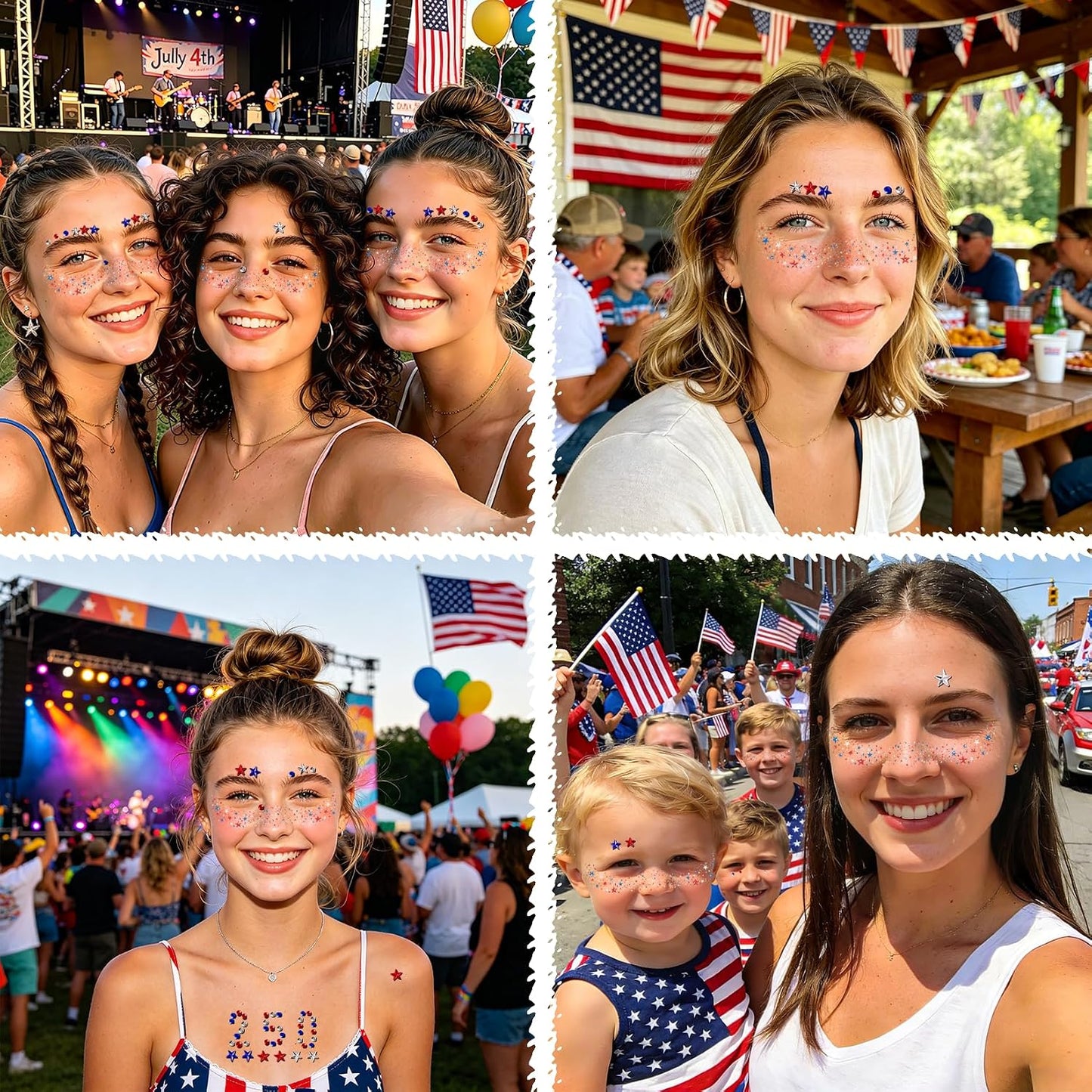 Patriotic 4th of July Face Gems - 10 Pcs Red, White & Blue Glitter Freckles for Women & Kids | USA Face Stickers