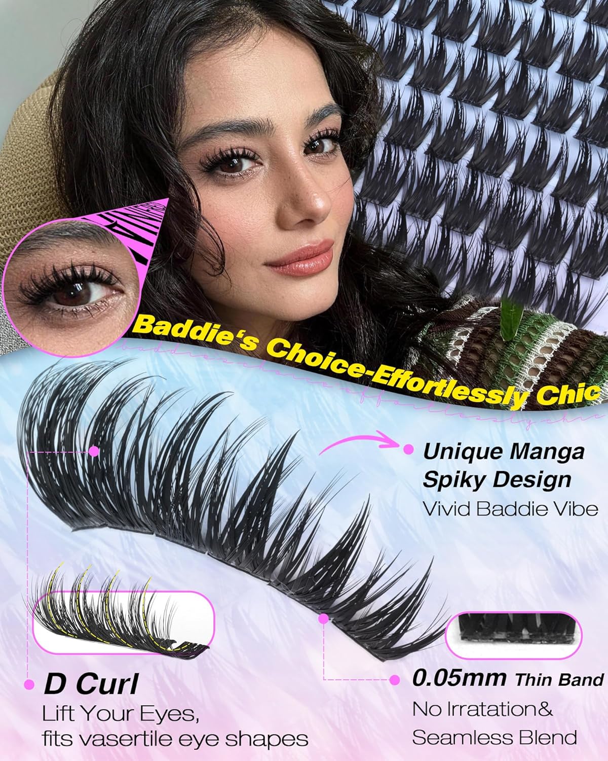 Eyelash Clusters - Wispy Manga Volume Extensions | Fluffy Spiky D Curve Lashes 12-20mm for DIY Baddie Look