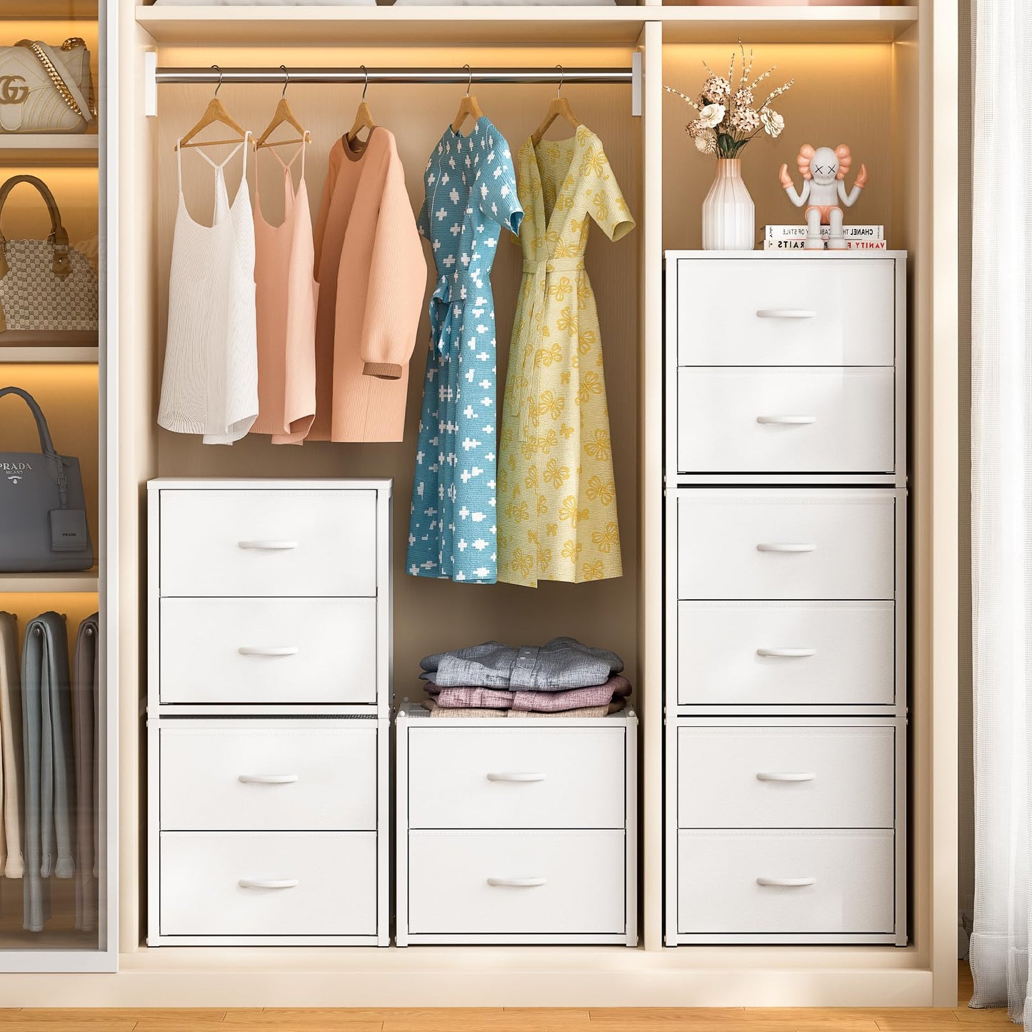 DAOUTIME 3-Pack Stackable Storage Drawers (6 Drawers Total), White Closet Organizer for Clothes, Stackable Drawer Dresser for Closet, Stackable Drawers for Bedroom, Living Room, Pantry, Under Bed