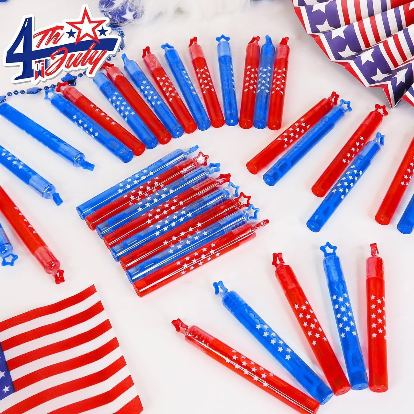 4th of July Party Favors - 100 Mini Bubble Wands | Patriotic Red, White & Blue Bubbles for Kids' Birthday Celebrations