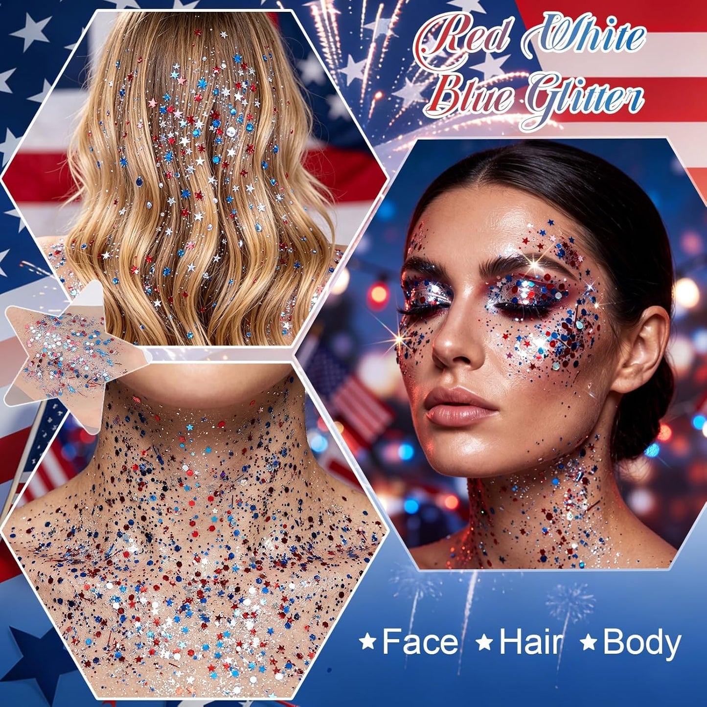 Red White Blue Face & Body Glitter Stick - Patriotic Sparkling Makeup for 4th of July | Star Design