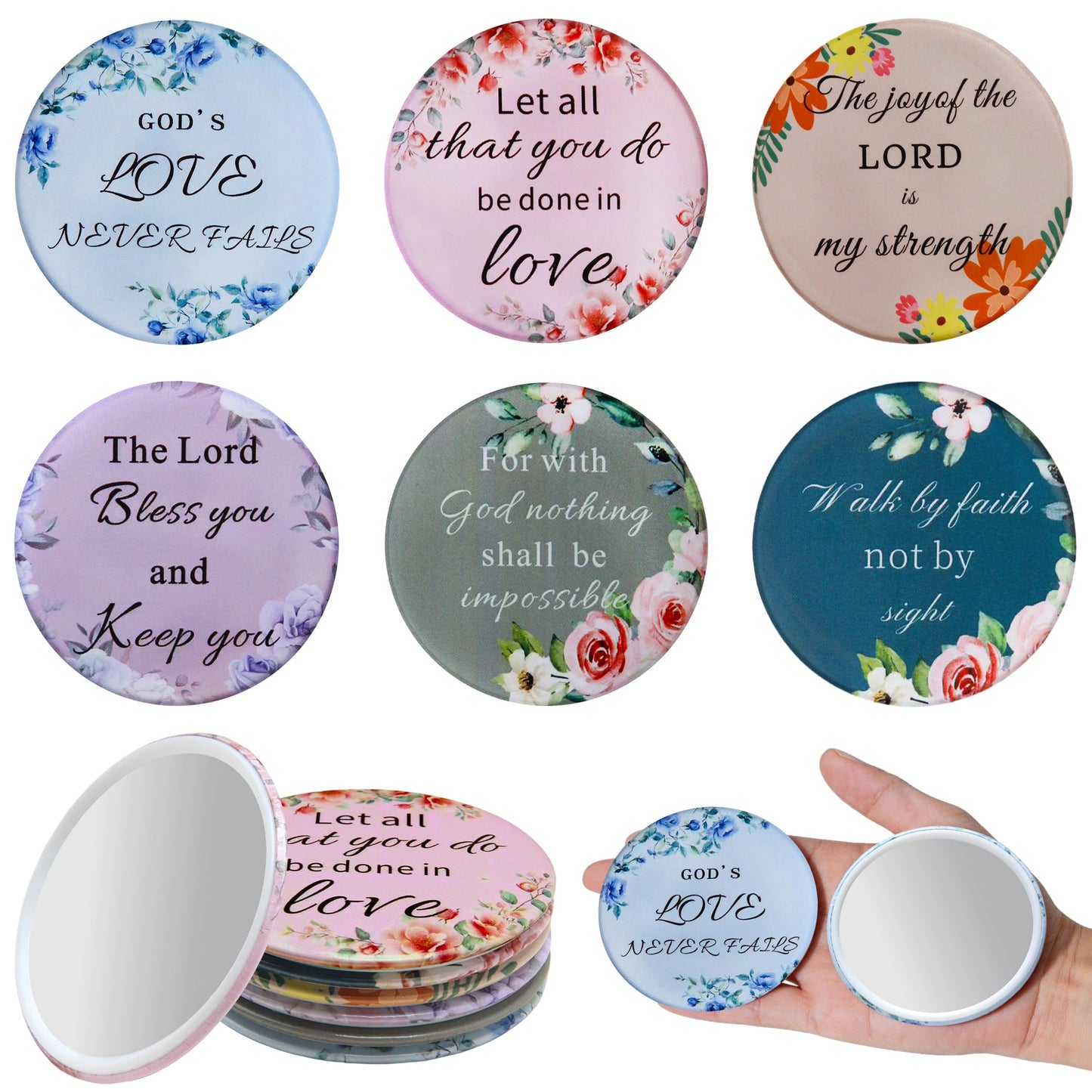J6&H6 36Pcs Bible Verse Pocket Makeup Mirrors Bulk with 6 Unique Inspirational Scripture Elegant Floral Designs for Christian Events Easter Mother's Day Christmas Birthday and Religious Gifts
