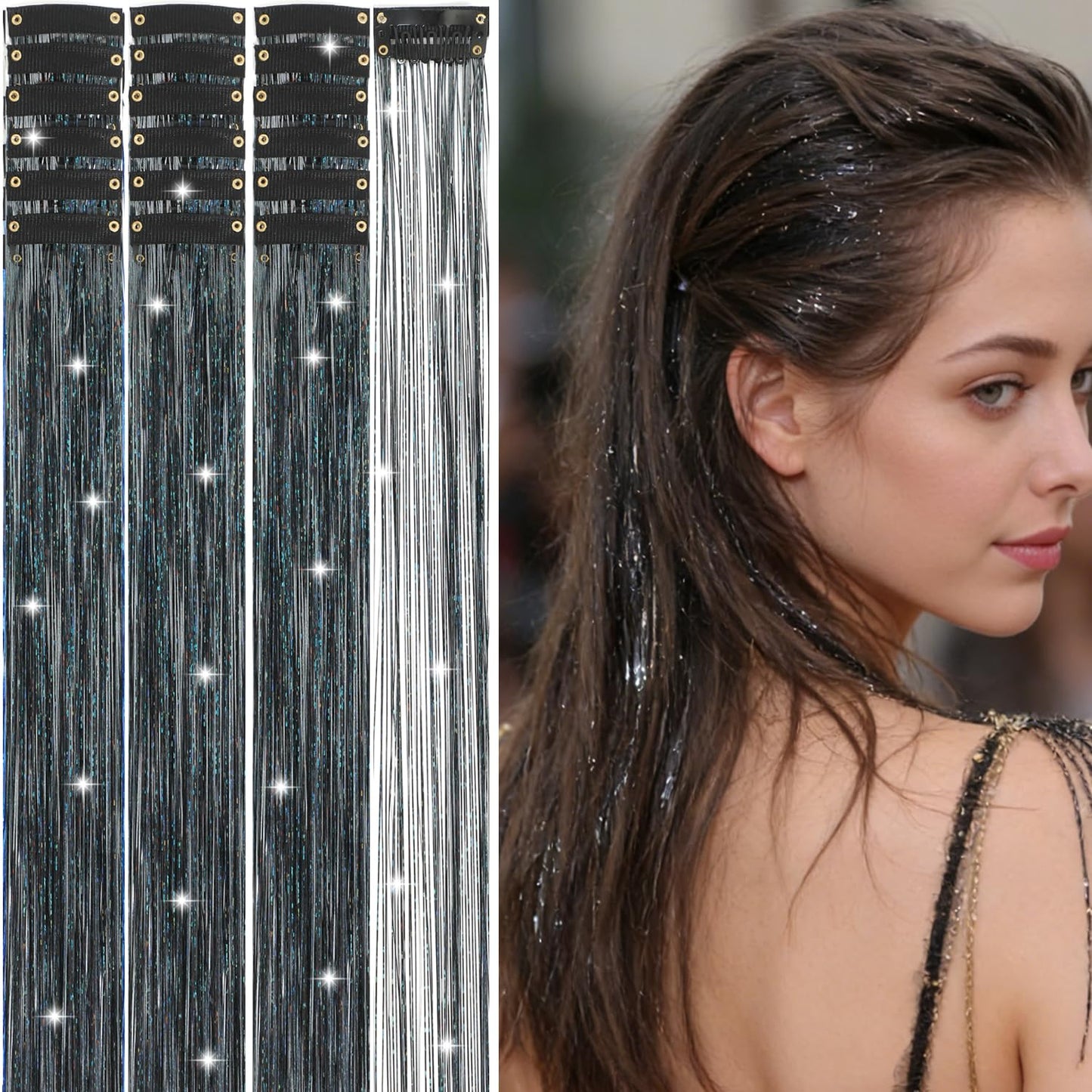 Aouuhe Hair Tinsel Kit 18 Pcs Clip in Hair Tinsel 20.5 Inch Glitter Fairy Tinsel Hair Extensions Clip in Black Sparkle Heat Resistant Daily Party Festival Hair Accessories for Women Girls (Black)