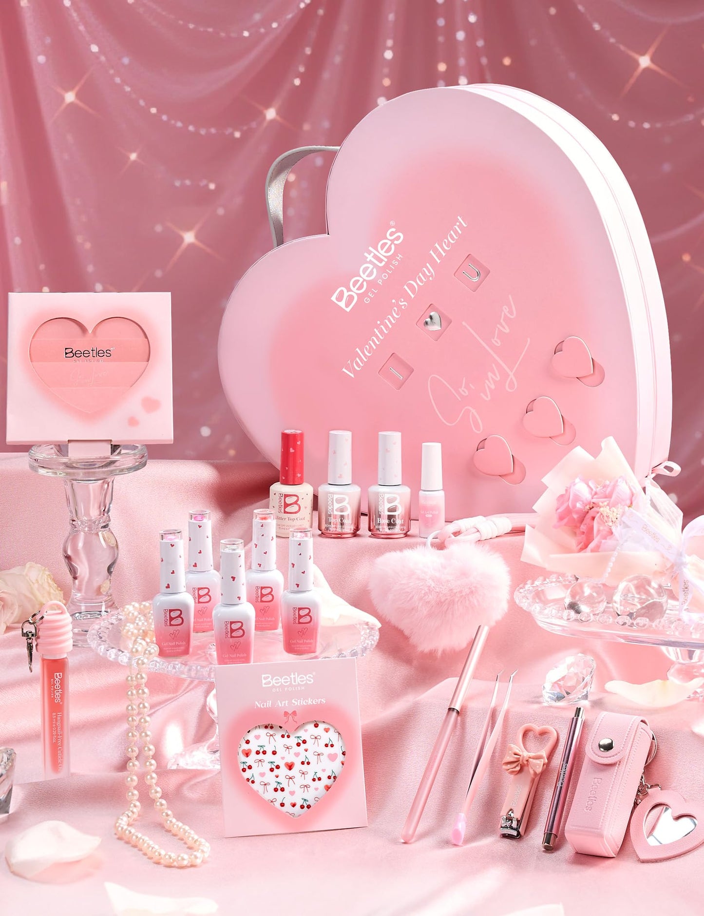 Beetles Romantic Summer Gel Nail Polish Kit – Hot Pink Red Cat Eye Gel Nail Polish Set, Treat Yourself Self Care Gift Set with Pink & Rosy Gel Colors, DIY At-Home Manicure Gift for Women