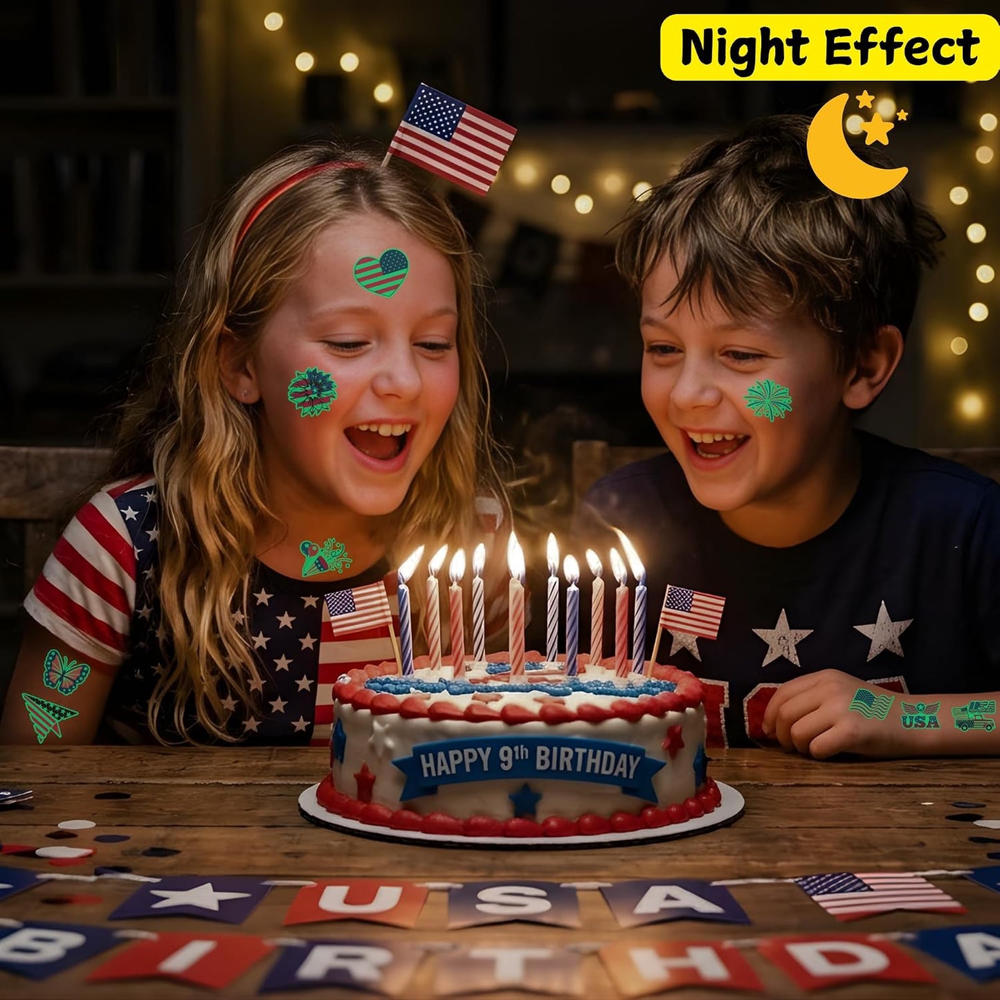 Luminous 4th of July Temporary Tattoos - Glow in Dark Patriotic Party Favors | Red, White & Blue Designs