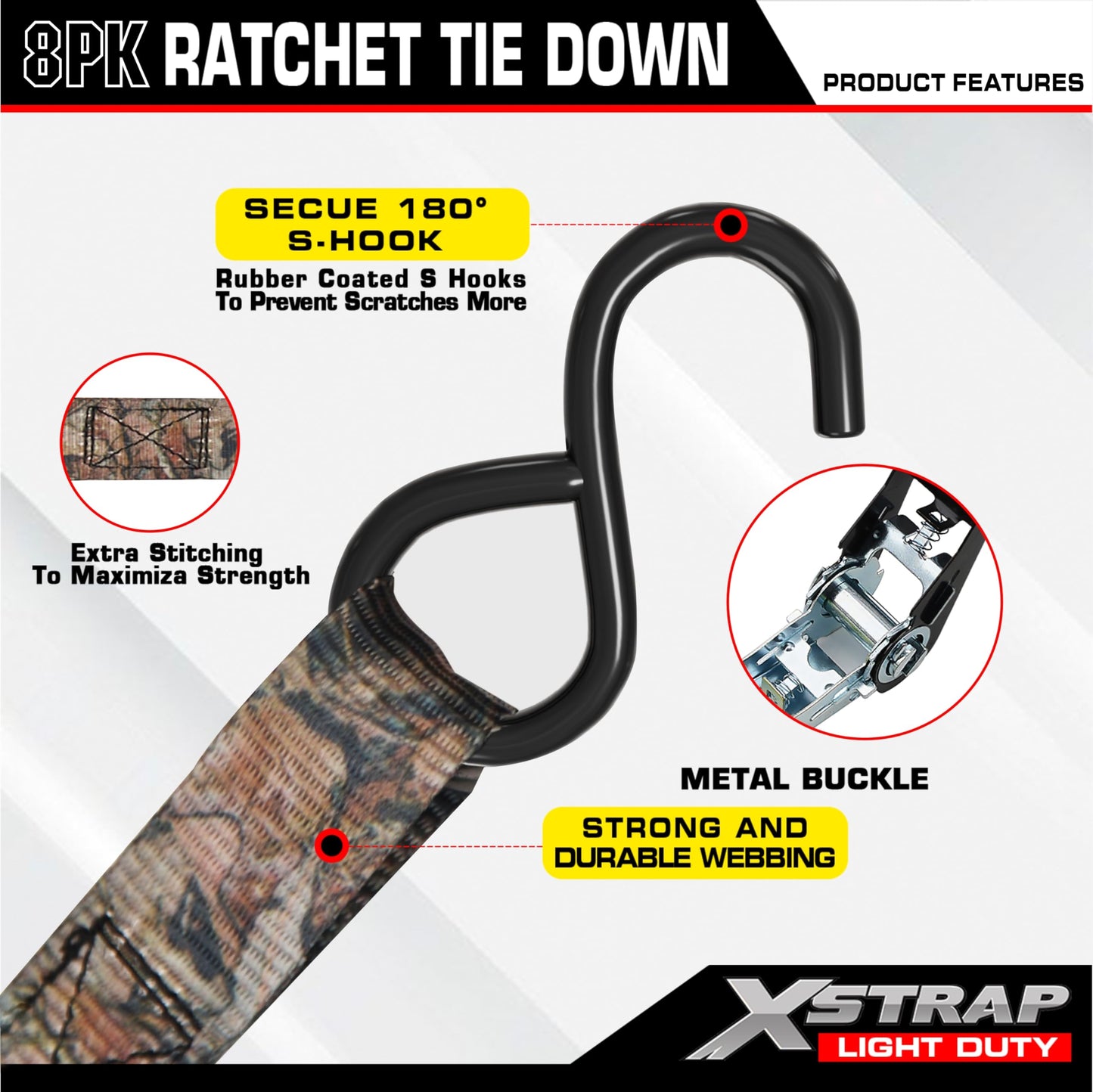 XSTRAP STANDARD Ratchet Tie Down Straps - 8PK - 1'' x 10 ft - 900 LB Break Strength Cargo Straps for Moving Appliances, Lawn Equipment, Motorcycle (Camouflage2)