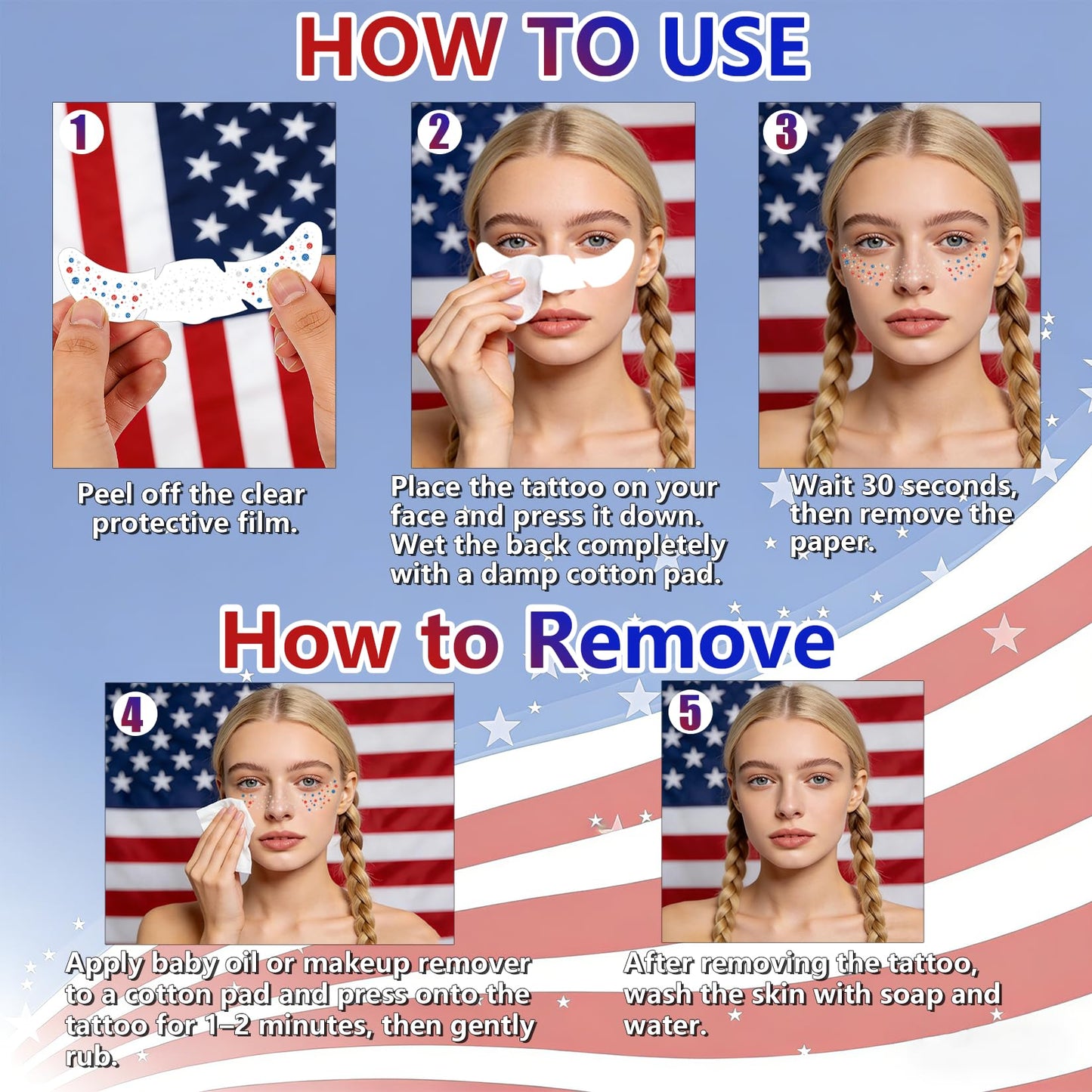3 Styles Red White and Blue Freckles, 12 Pcs 4th of July Glitter Freckles, Star Patriotic Face Tattoos for Women Kids, 4th of July Face Tattoos Accessories for 250 Anniversary Usa Merchandise (July12)