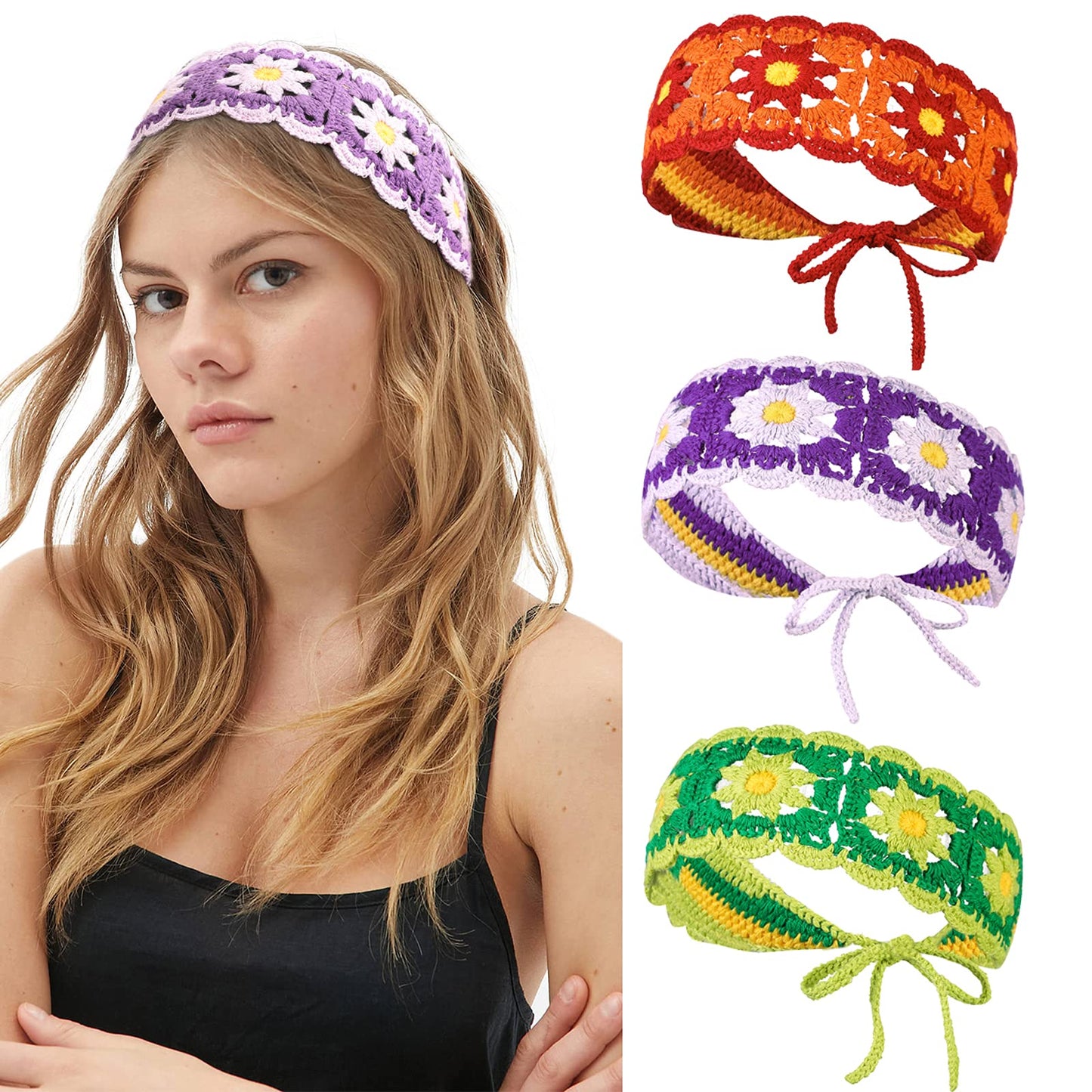 CHLINS Daisy Floral Elastic Handmade Crochet Headbands - 3PCS Bohemian Knit Head Wraps for Women and Girls (Colorful: Purple, Green, Orange)