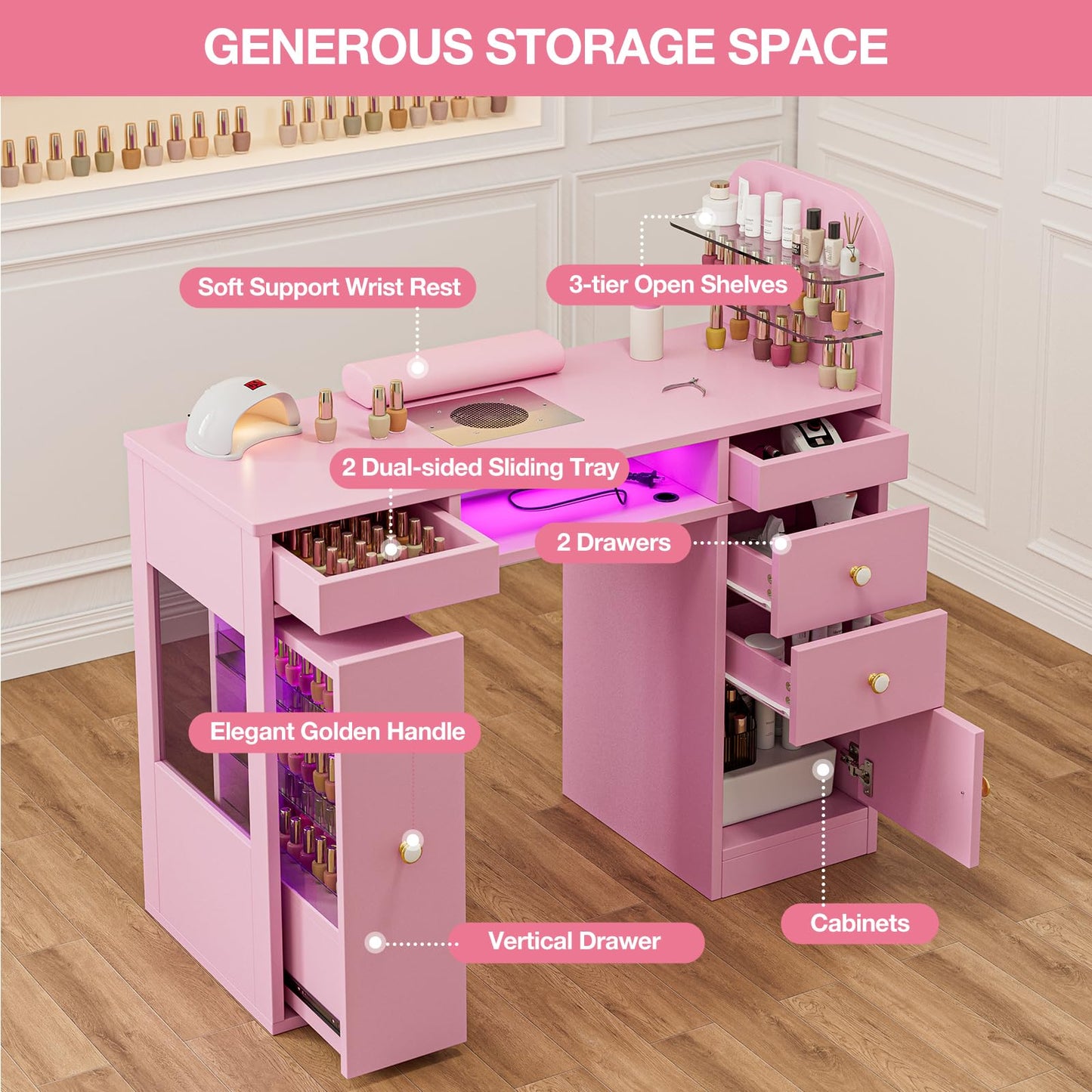 TTGIEET Manicure Table for Nail Tech w/LED Light Display Cabinet，Professional Nail Tech Desk with Storage Cabinet & Drawer, Dust Collector, Wrist Rest, Acetone-Resistant, for Beauty Salon, Spa & Home