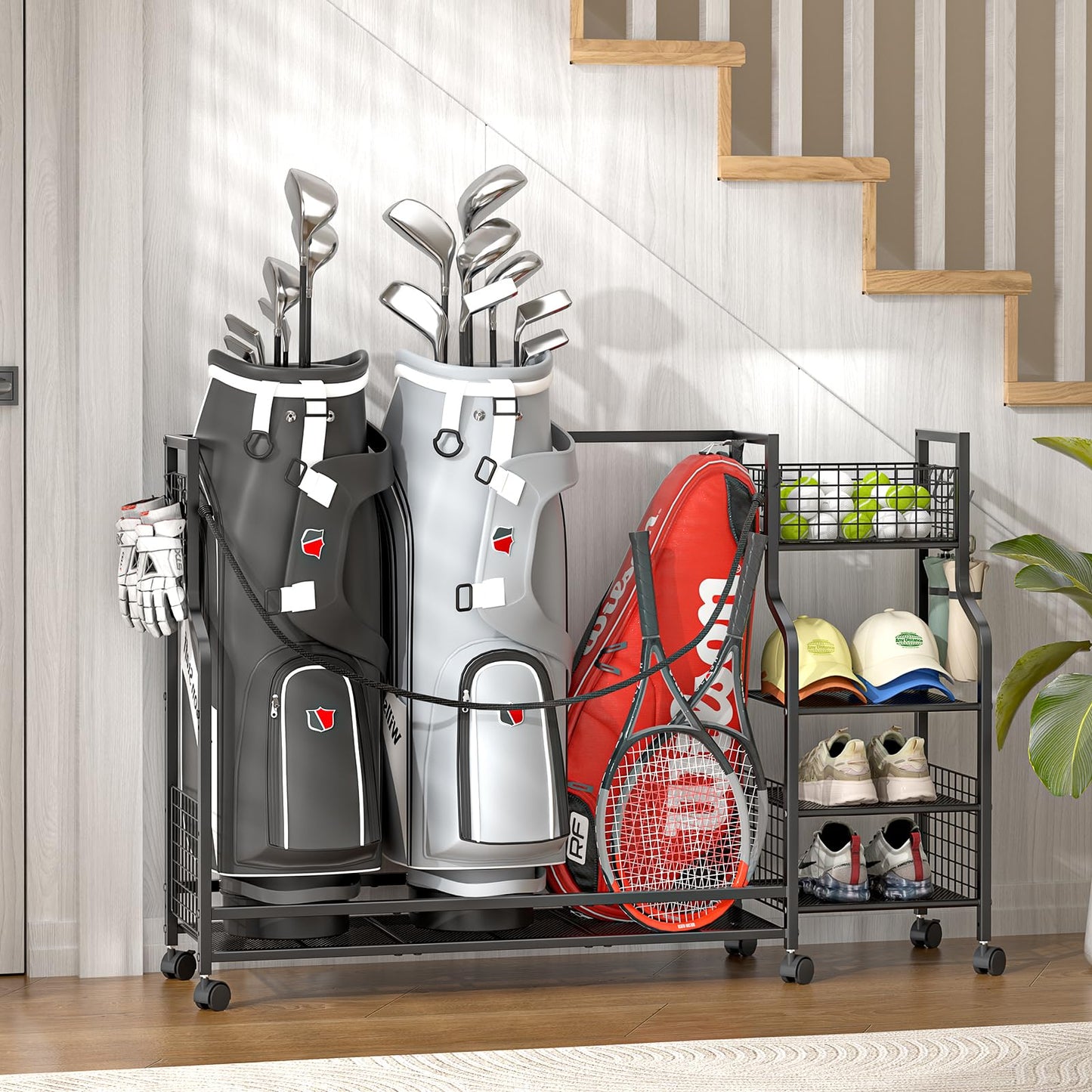 Golf Bag Storage Rack for Garage with Wheels, Organizer for 3 Golf Bag and Equipment Accessories, Golf Organizer Stand Ideal for Home, Garage, Club, Shed, Basement - Sturdy and Durable (Black)