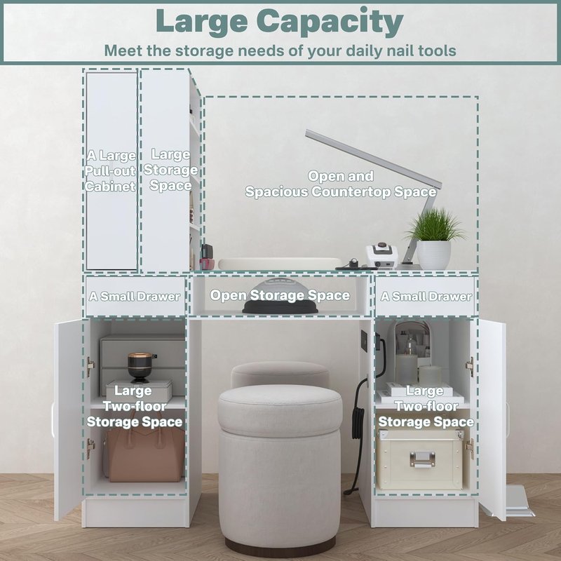 Manicure Table - Nail Desk Station with Glass Top & Wrist Rest | Storage Cabinets & Power Outlets (White)