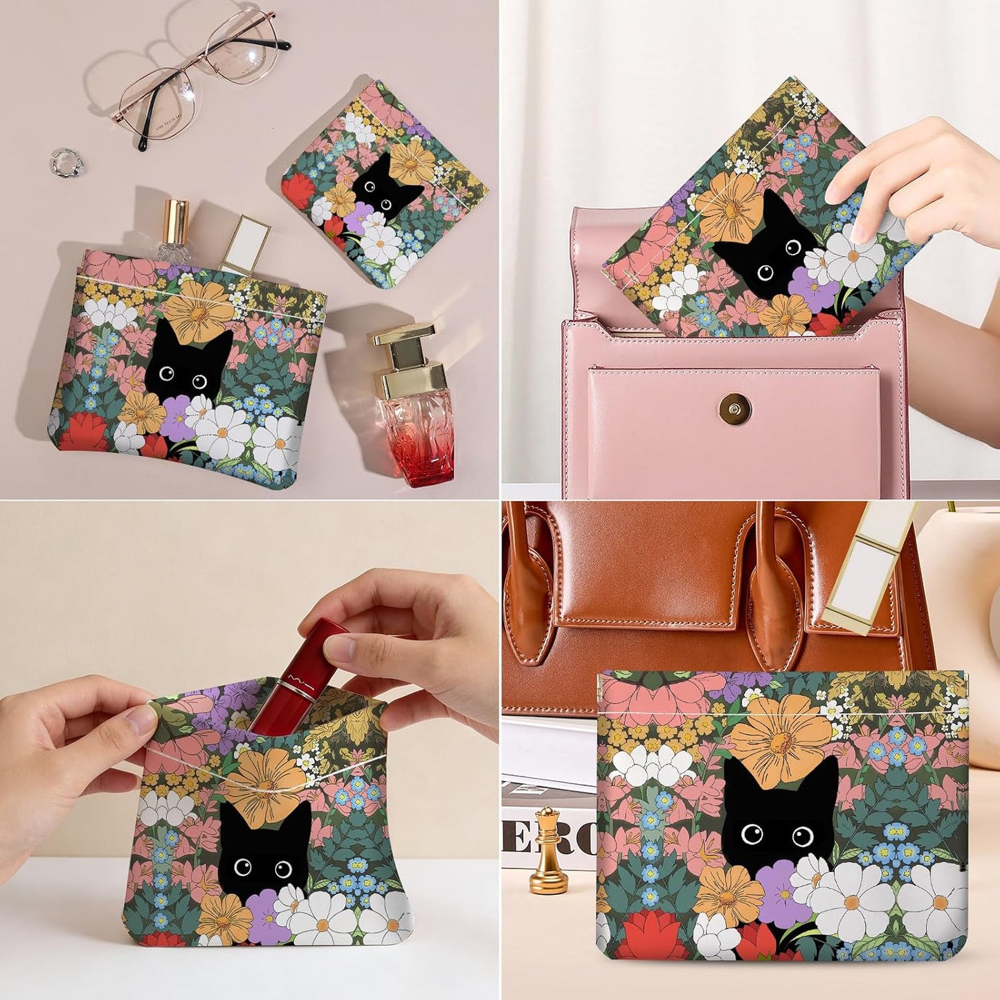 Small Makeup Bag Set - 2 PCS PU Leather Cosmetic Organizers | Portable Travel Pouch for Women - Floral & Cat Design